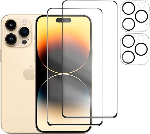 ESENCIAL Paquete de 2 protectores de pantalla para iPhone 14 Pro Max y 2 protectores de lente de cámara Película de vidrio templado compatible con