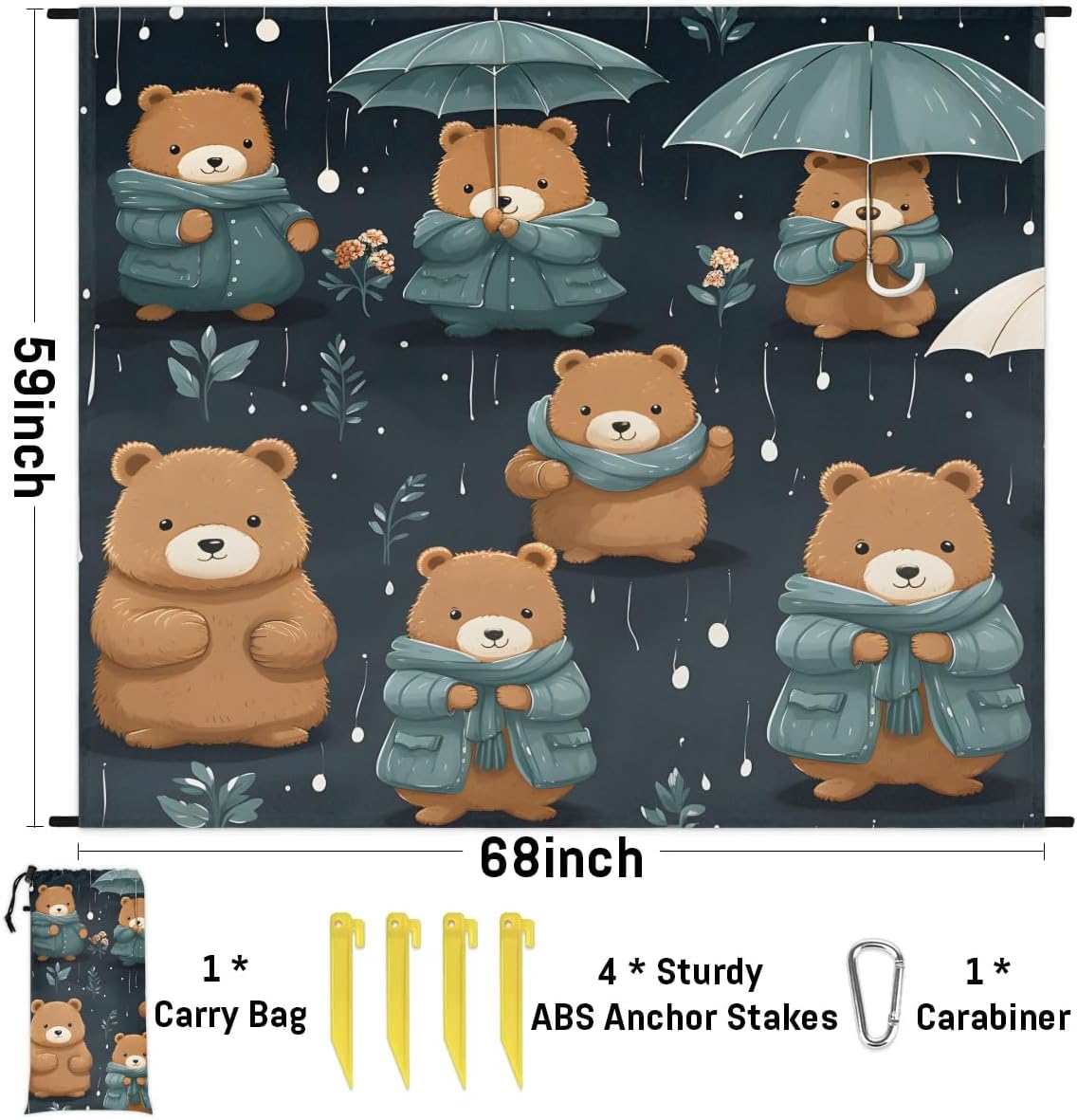 Honeybaby Beach Blanket Waterproof Sandproof Cute Bears Beach Mat Sand Free 59''×68'' Lightweight Portable Outdoor Blanket for Picnic Camping Travel Hiking