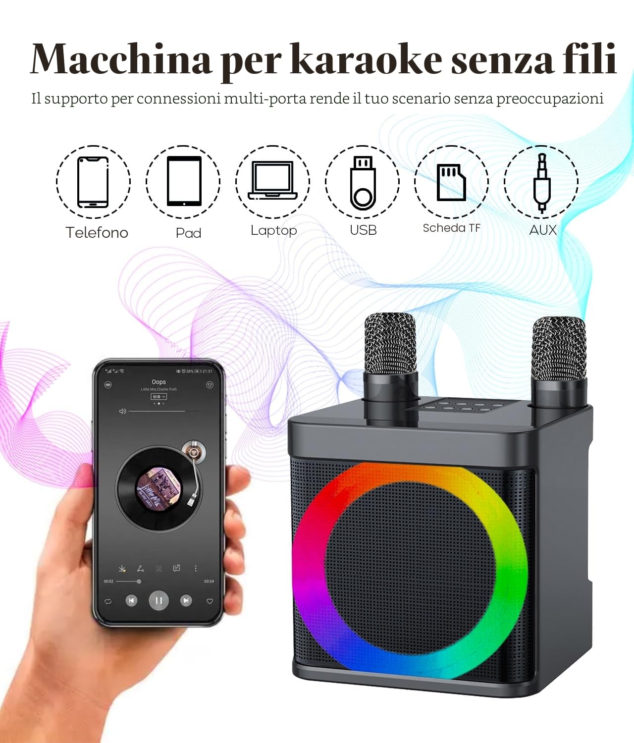 Karaoke con microfono,Karaoke professionale completo, Bluetooth cassa con microfono, karaoke per tv, karaoke portatile Wireless, Ricaricabile, Luce LED, Prima scelta per i regali