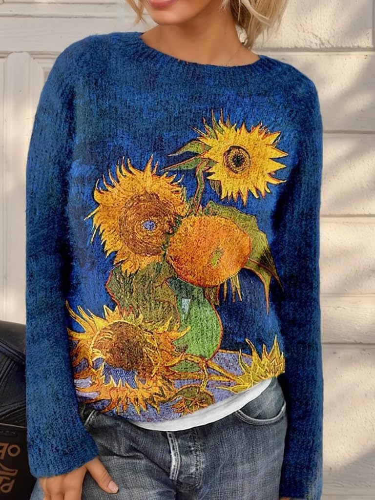 Women's Colorful Painting Landscape Floral Print Sweater Casual Loose Knitted Crewneck Long Sleeve Cropped Pullover Tops