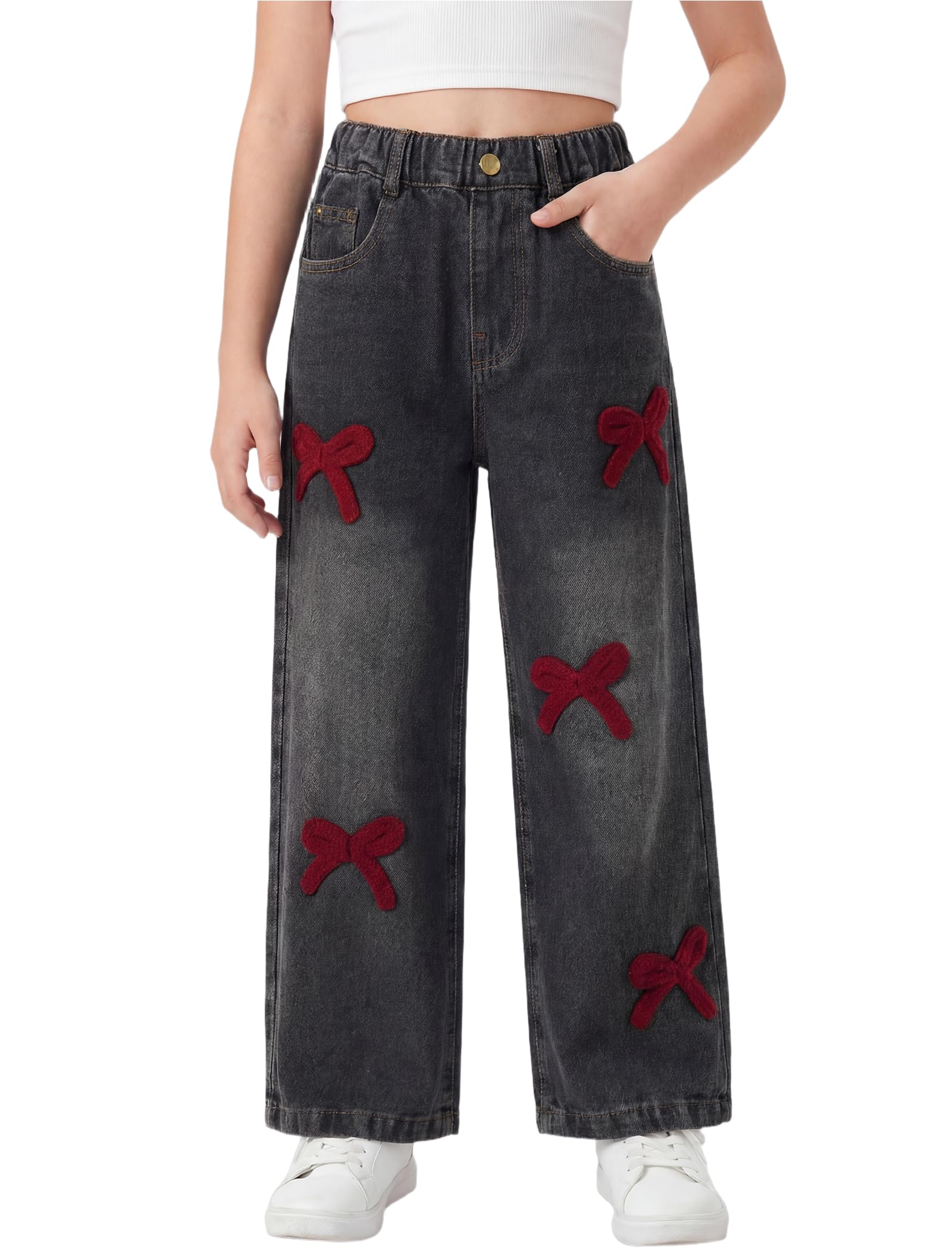 JiAmy Jeans larghi per ragazze con fiocco ricamato 3D, gamba larga elasticizzata in vita retrò Y2k casual pantaloni in denim per ragazze 6-13 anni