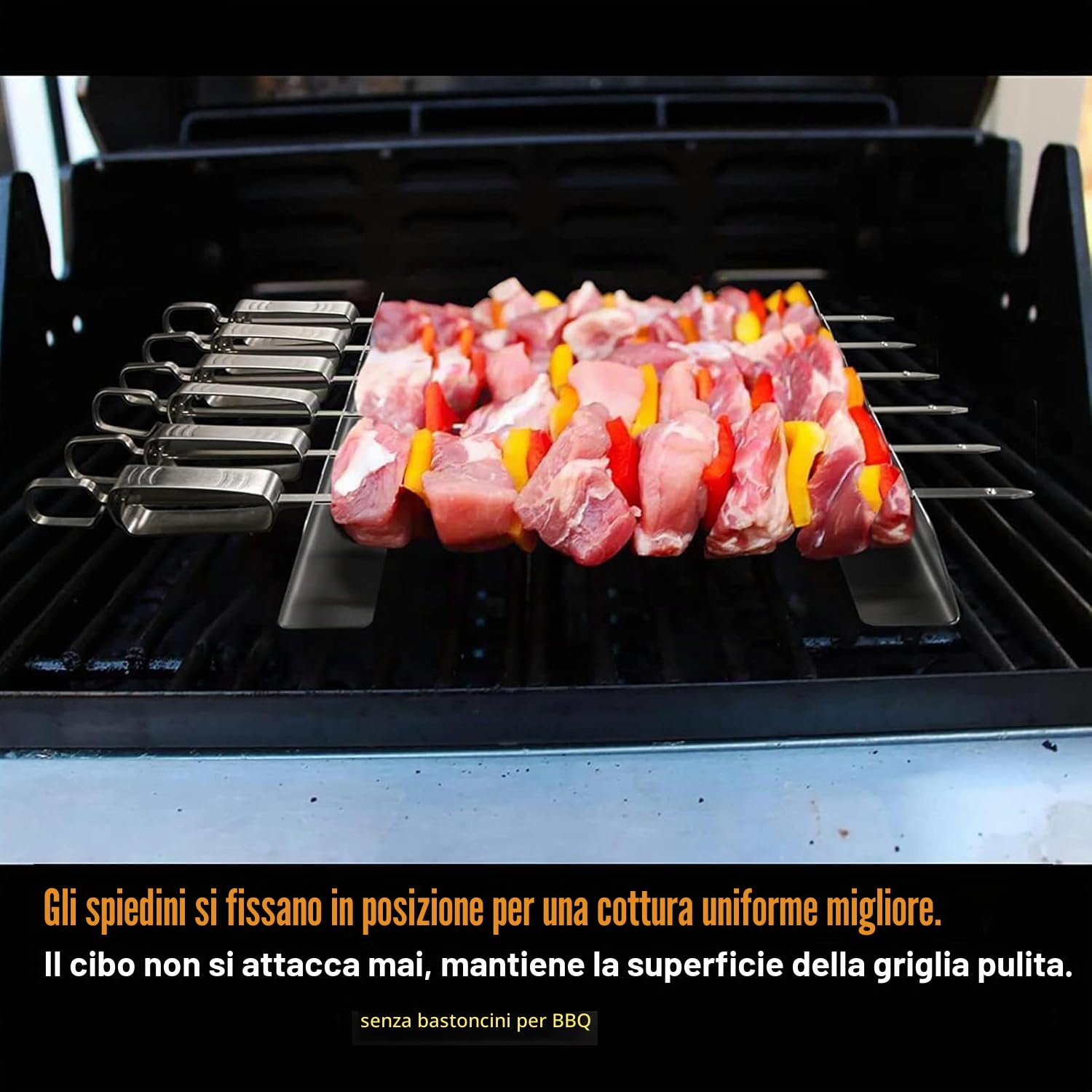 Griglia per spiedini per 6 spiedini. Realizzato in Metallo Acciaio Inox. Lunghezza Rack 30 cm, Altezza 4 cm, Larghezza Base 3,5 cm (6 Pezzi