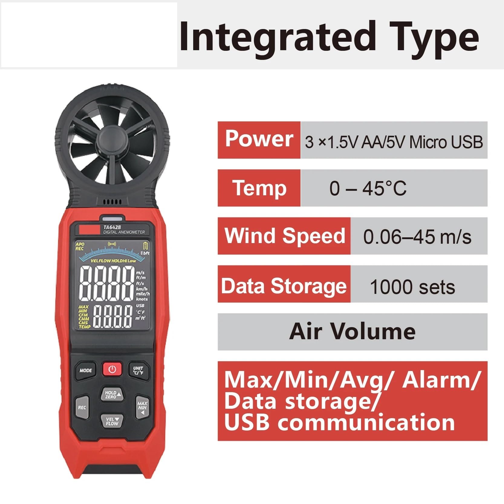 Anemómetro de alta precisión, medidor velocidad del aire, tipo dividido, probador viento integrado - Maestro de flujo