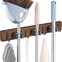 OUTNILI Wood Mop Broom Holder Wall Mount - 3 Adjustable Slots & 4 Hooks for Kitchen Garage Laundry Organization - Rustic Farmhouse Decor