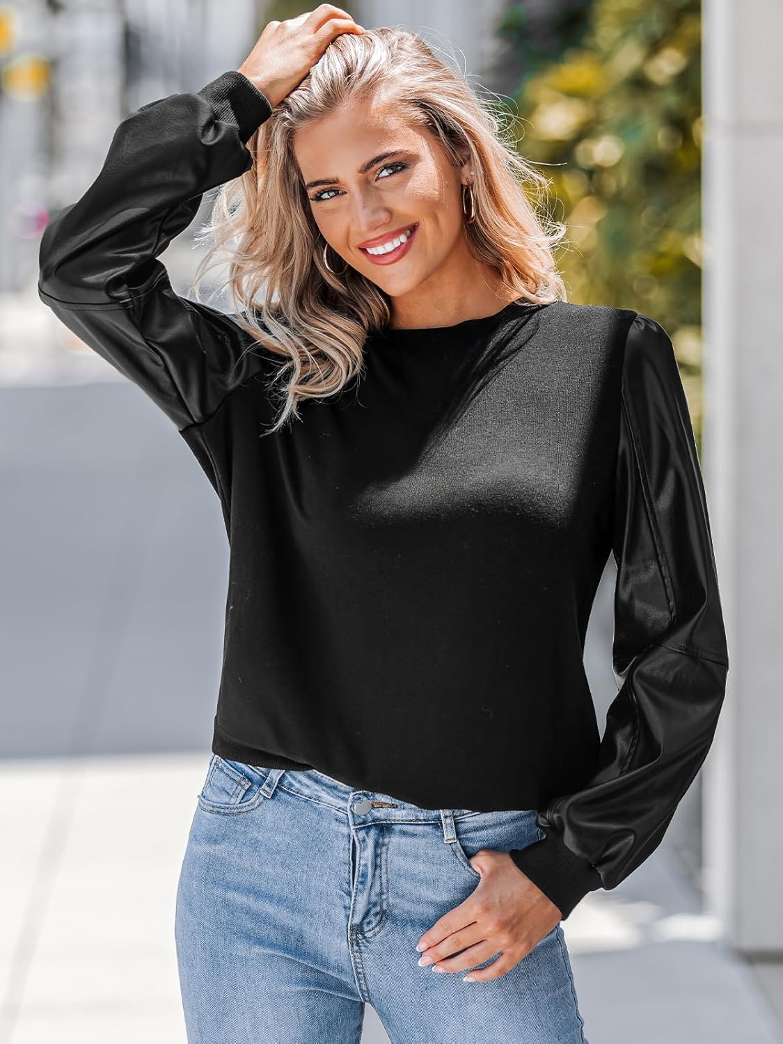 CUPSHE Faux Leather Tops for Women Long Sleeve Mock Neck Blouse Fall Fashion 2025 - Image 6