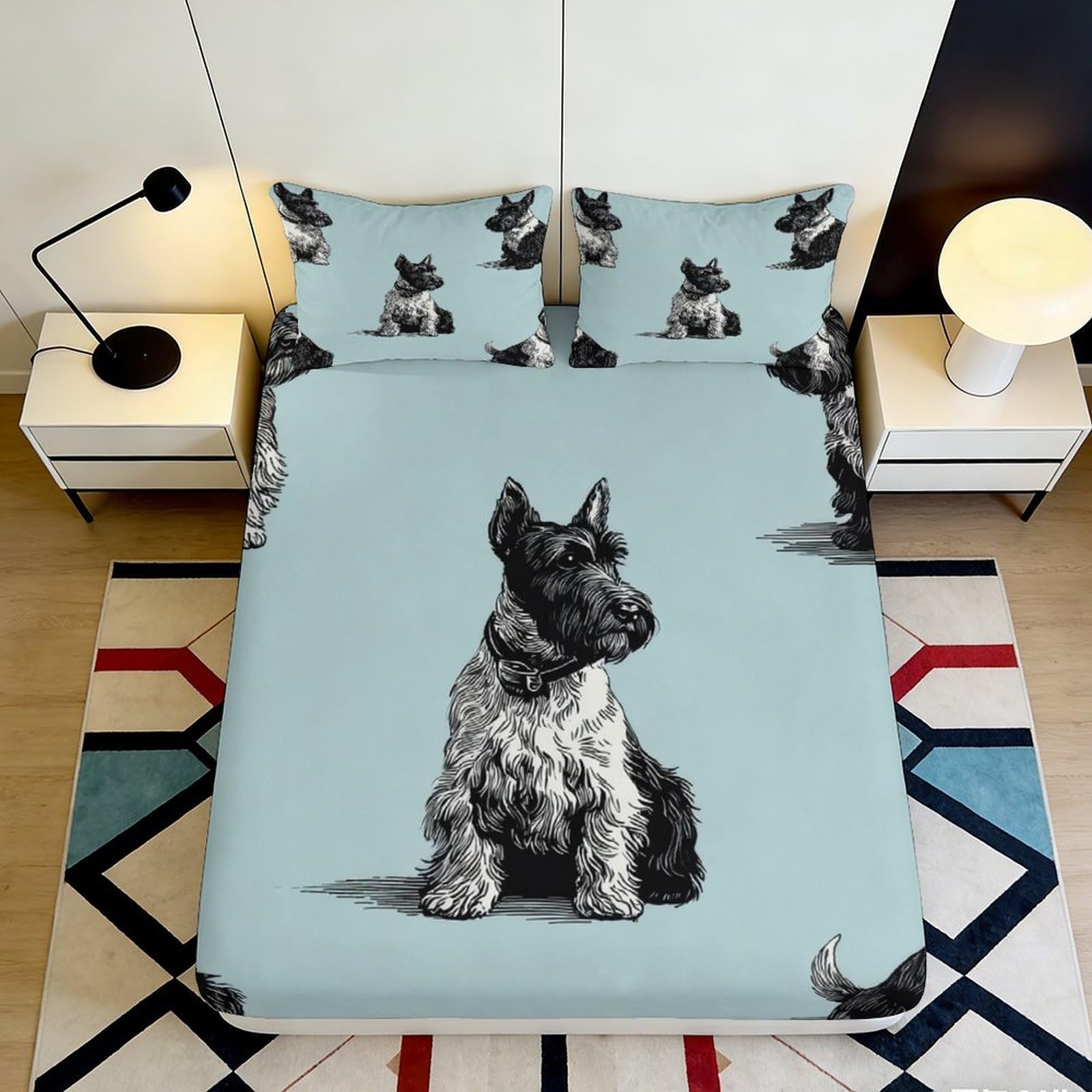 3D Printed Schnauzer Dog Fitted Sheet Microfiber Soft Blue Pet Pattern Mattress Cover for Bedroom Guestroom Decor 90x200x25cm
