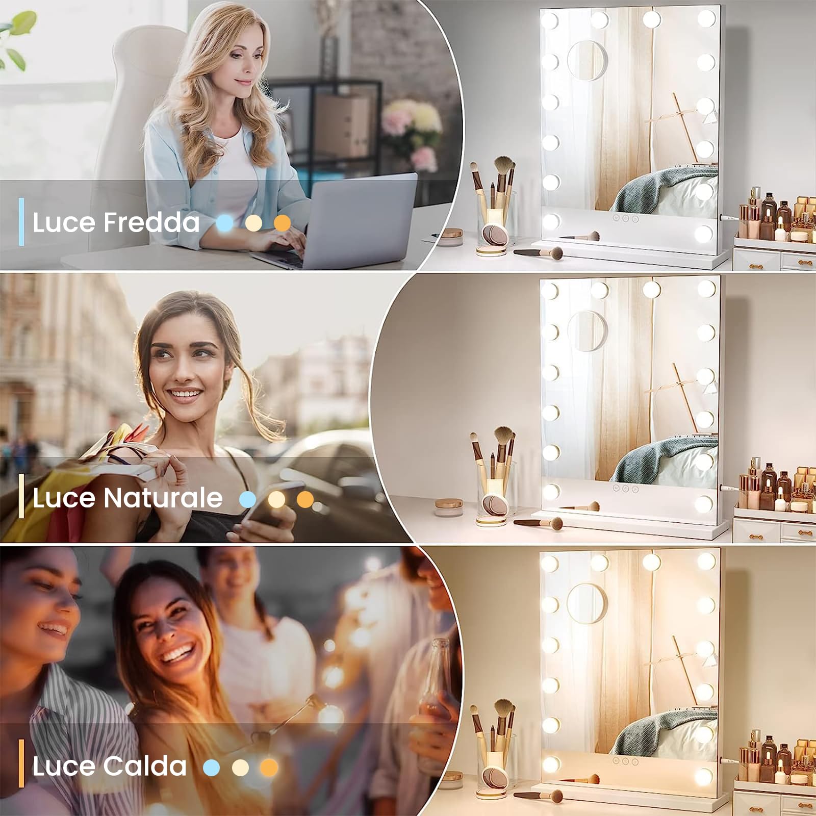 Moziel 40x52cm Specchio da Trucco con Luci, Specchio Hollywood da Tavolo o da Parete con Lampadine a 14 Led Tre Colori di Luce e Funzione di Luminosità Regolabile