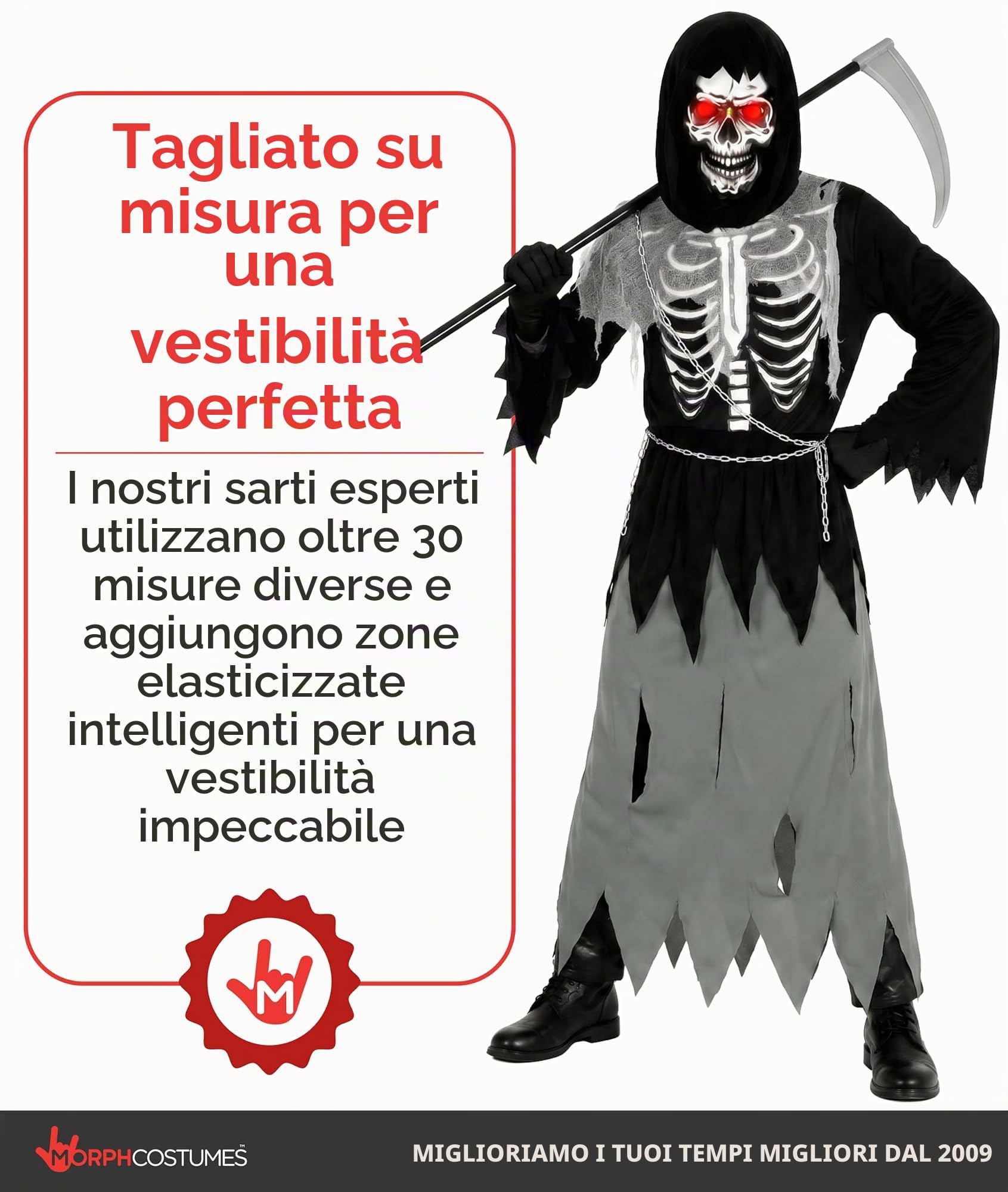 Morph Costume Morte Bambino, Costume Mietitore Halloween Bambino | Veste con Cappuccio, Catena, Falce & Occhiali LED, Perfetto per Halloween, Ideale per il Gioco di Ruolo