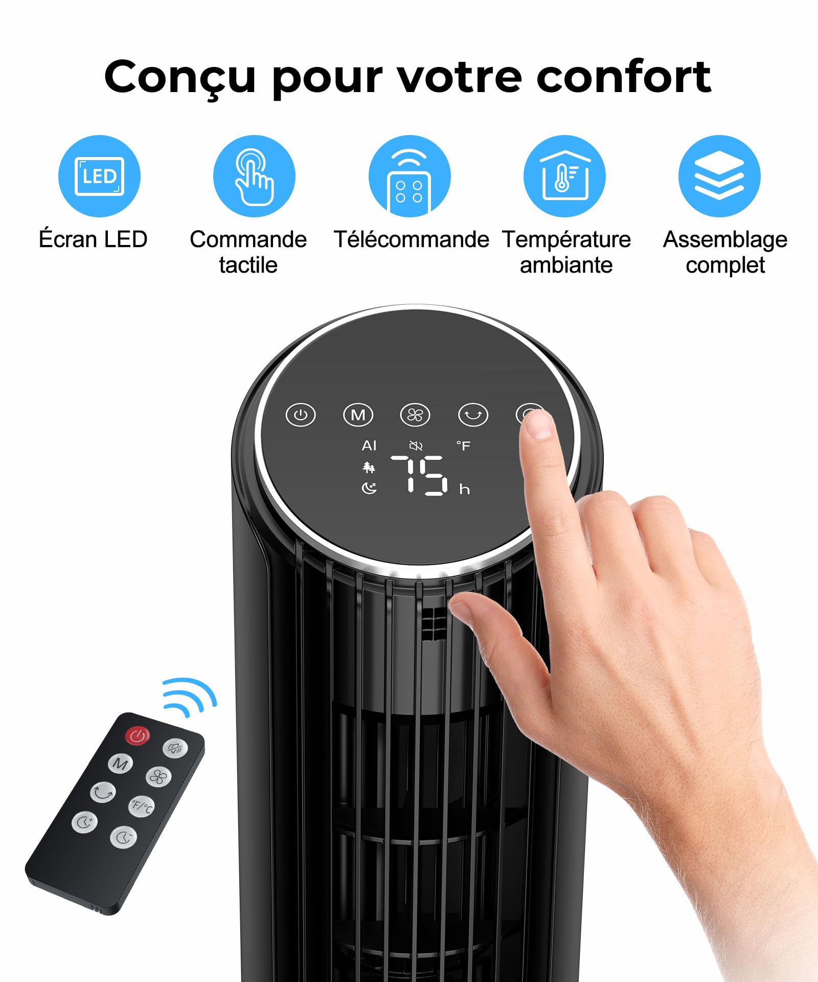 PNTCK Ventilateur colonne de Tour avec Télécommande, 33 cm Ventilateur ultra silencieux(24 dB) - 4 Modes & 4 Vitesses, Oscillation 70°, Minuterie 12H, Affichage LED, Fonction Automatique avec Capteur
