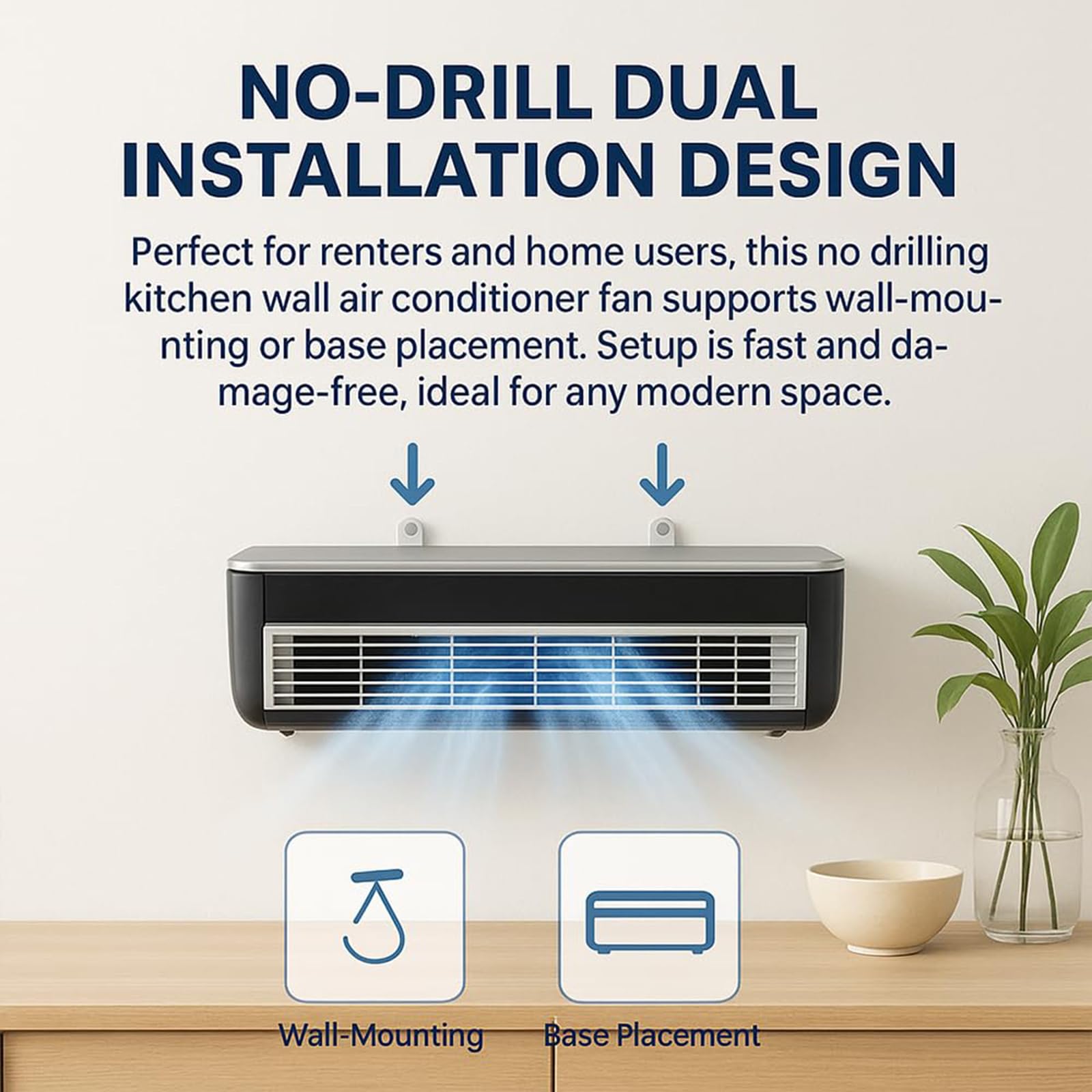 Condizionatore d'aria portatile con ventilatore, telecomando, raffreddamento istantaneo, 3 impostazioni di velocità, design a parete per cucina e camera da letto