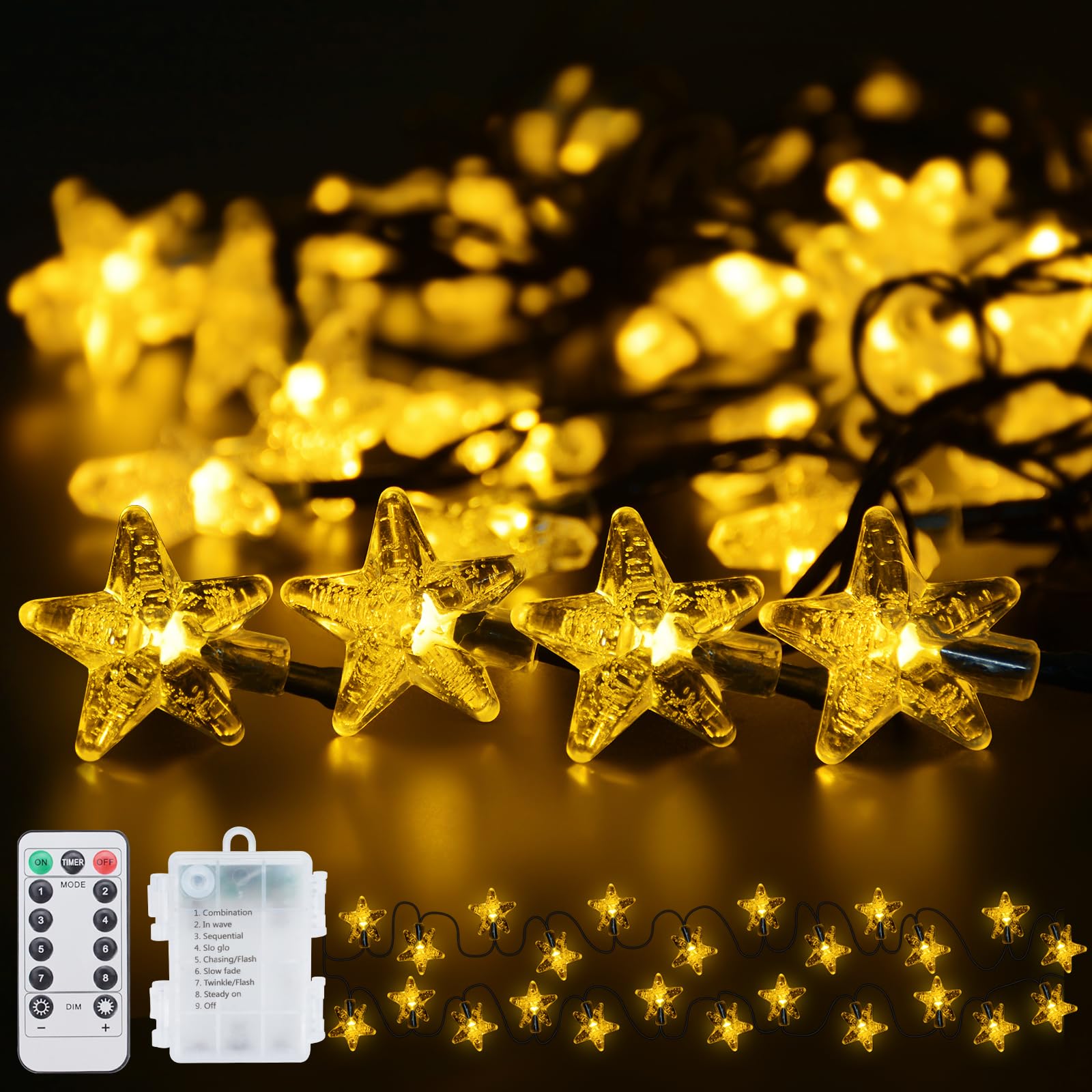 Qoosea Cadena de Luces con forma de Estrella de Navidad, 19.7ft 40 LED Luces de Hadas de Estrella Impermeable 8 Modos, Guirnalda Luces para Boda, Fiesta, Interior, Exterior Decorativas, Blanco Cálido