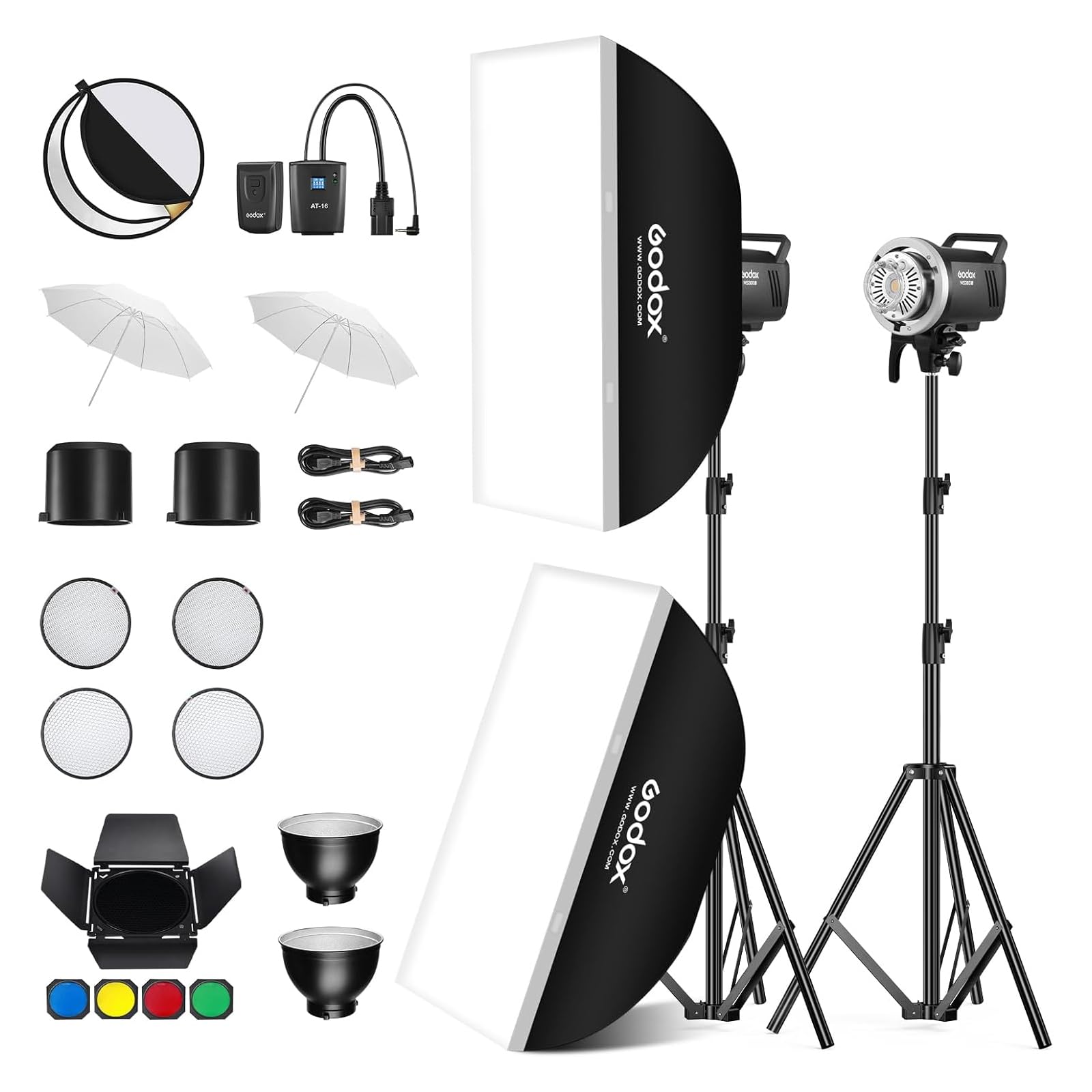Godox MS300V 2-Pack Professional Studio Strobe Flash Light 300W Studio Flash Strobe kit 300W GN58 0.1-1.8 s Recycling time 2.4 G X-System,LED