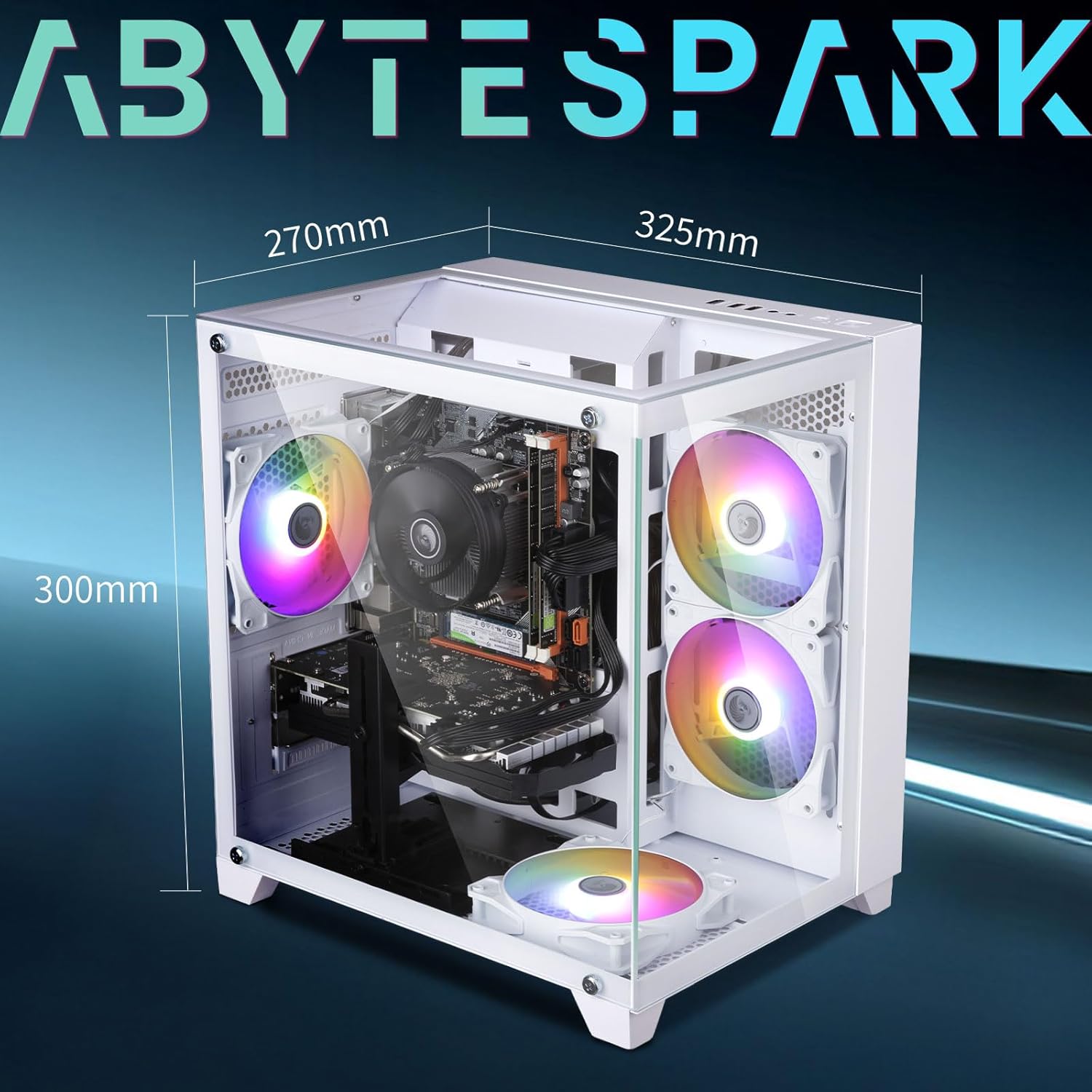 Diagram showing the dimensions of the PC case: 325mm length, 270mm width, 300mm height