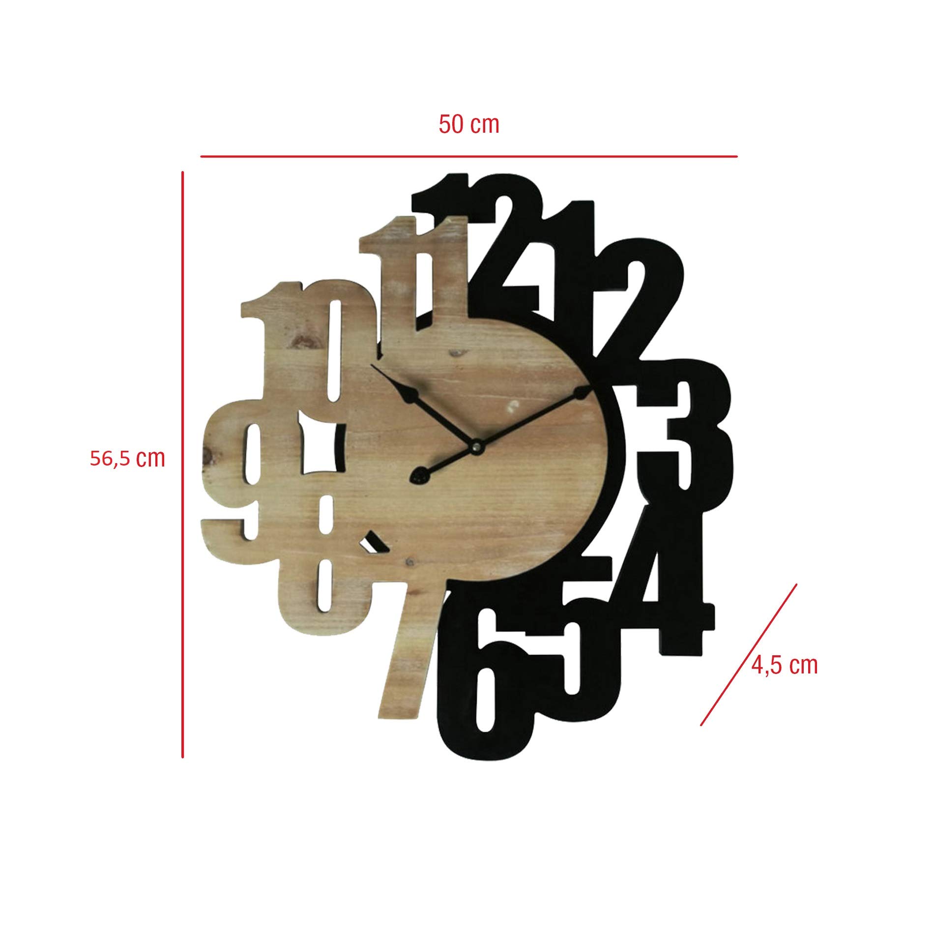 Rebecca Mobili Reloj Moderno, Relojes De Pared, MDF, Negro Marrón, Números Grandes, para Cocina - Medidas: 56,5 x 50 x 4,5 cm (A x AN x FON) - Art. RE6568