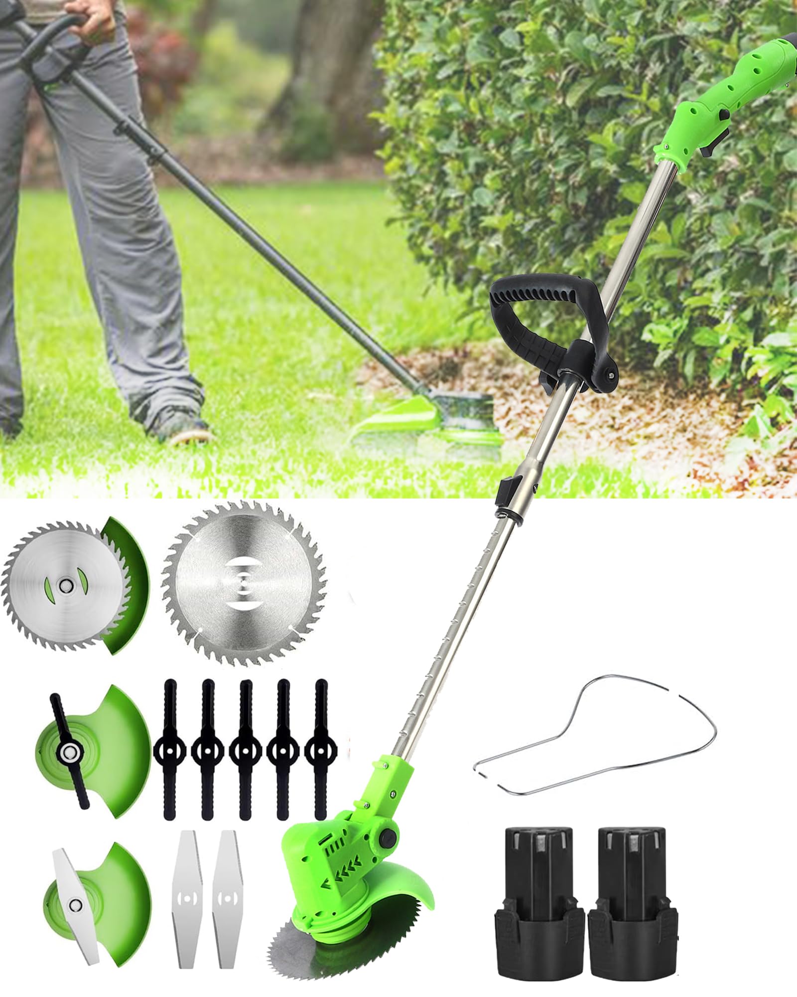 Cordless String Trimmer Kit,Edger Lawn Trimmer, Weed Trimmer Tool,with 2 Li-Ion Battery Powered,3 Types Cutting Blade,for Lawn Care and Garden Yard Work Ideal for Extensive Green Space Maintenance