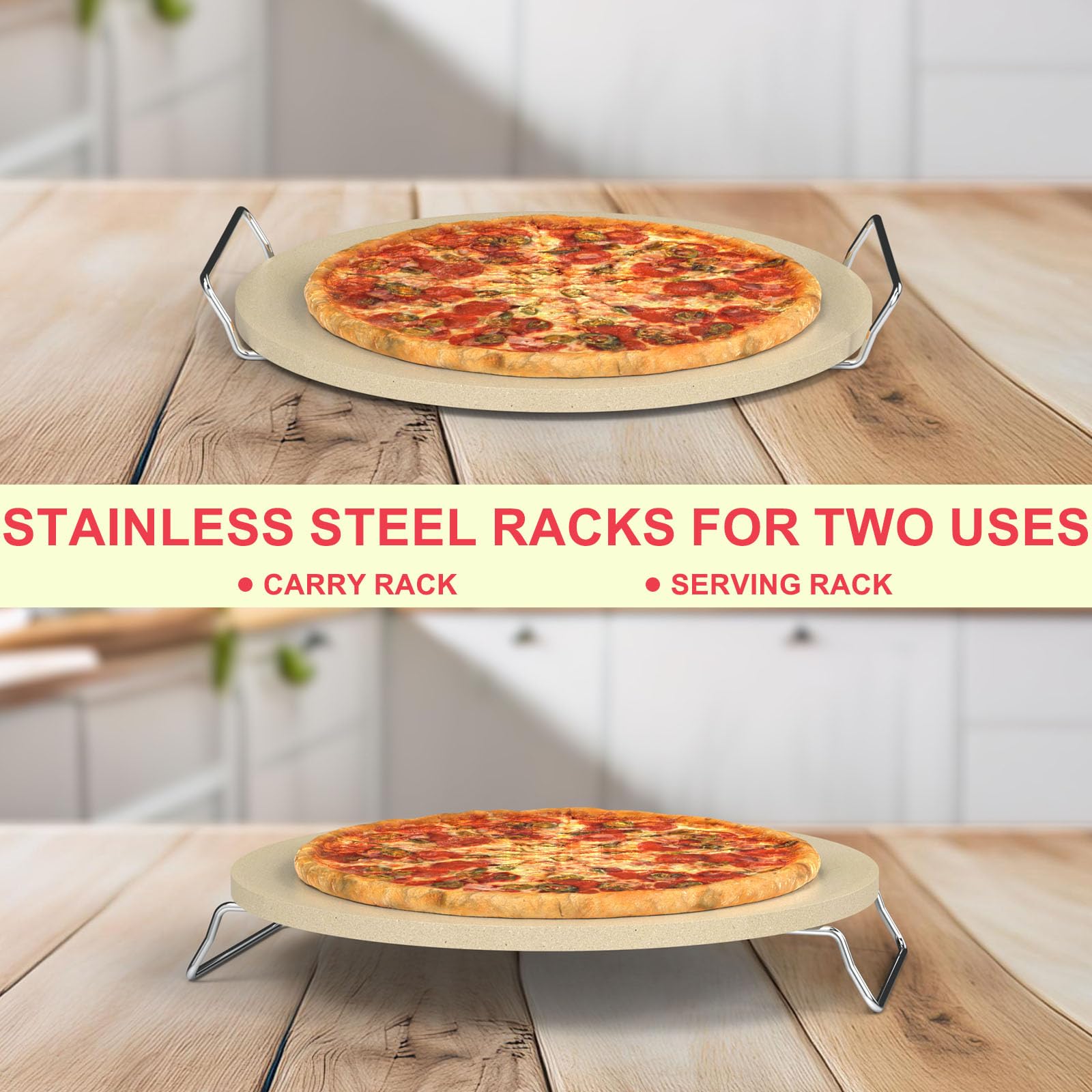 DcYourHome 40,6 cm runder Pizzastein mit Gestell für Ofen, BBQ, Grillen, natürlicher Cordierit Pizzastein Kit mit Pizzaschieber & Kunststoffschaber zum Backen von Brot, universeller