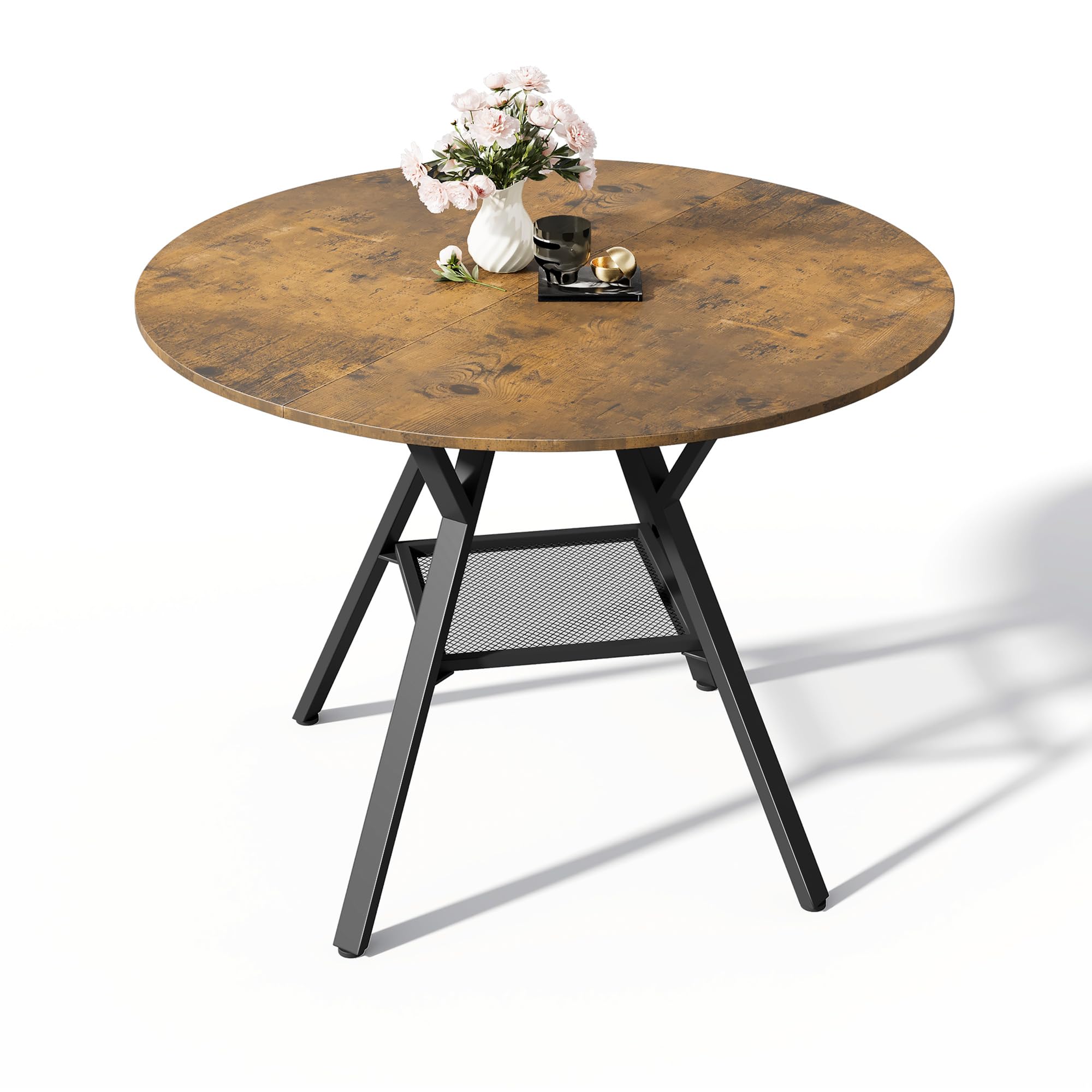 Tavolo da Pranzo Rotondo per 4-6 Persone, Tavolo da Cucina Industriale con Ripiano a Rete, Tavolo in Legno Salvaspazio per Sala da Pranzo e Cucina (Retrò, 100cm)
