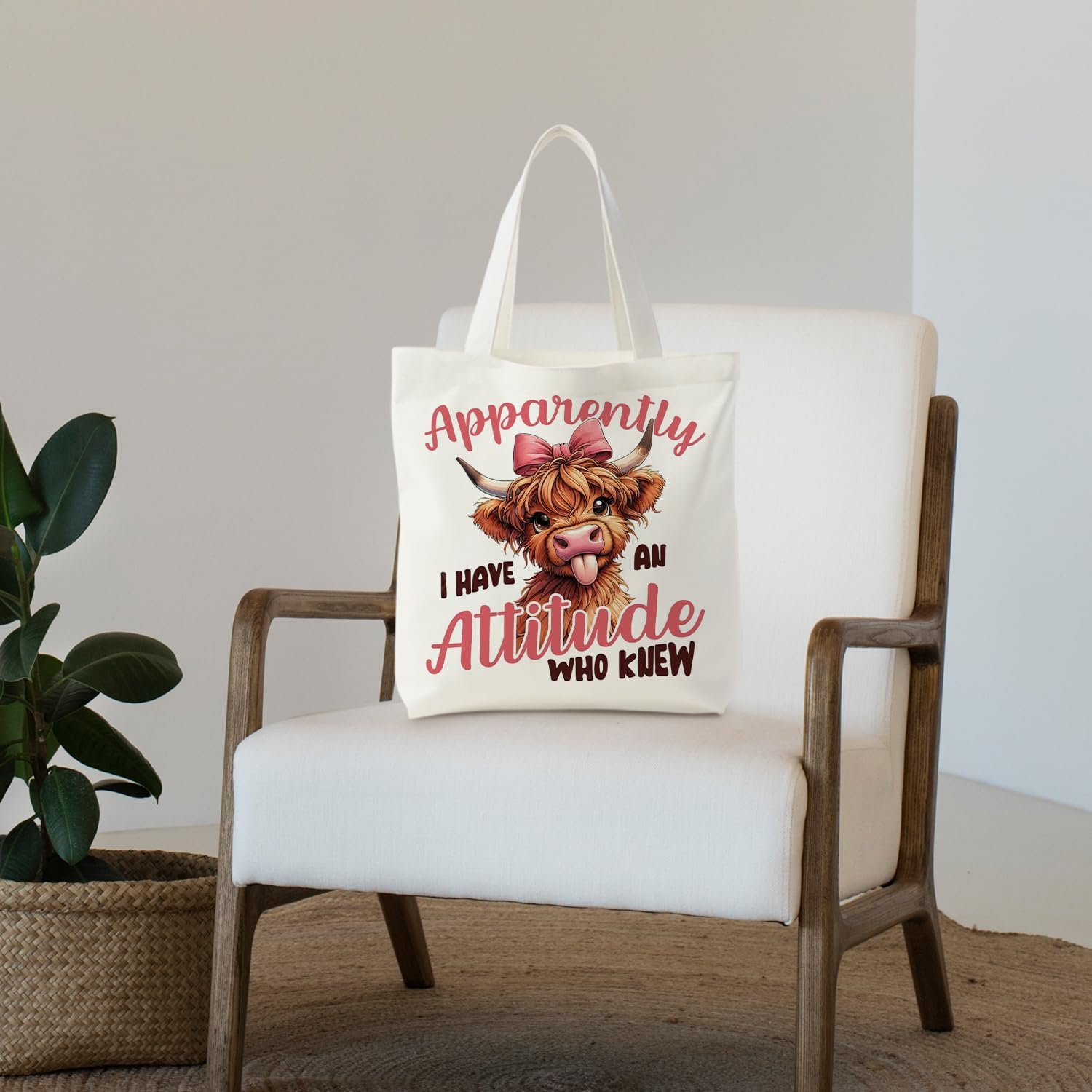 NATSUNO Pink Highland Cow Canvas Tote Bag, Highland Cow Lovers Gifts, Sarcastic Snarky Highlander Cows Canvas Tote Bag for Women, Reusable Grocery Bags Shopping Bags - Image 3