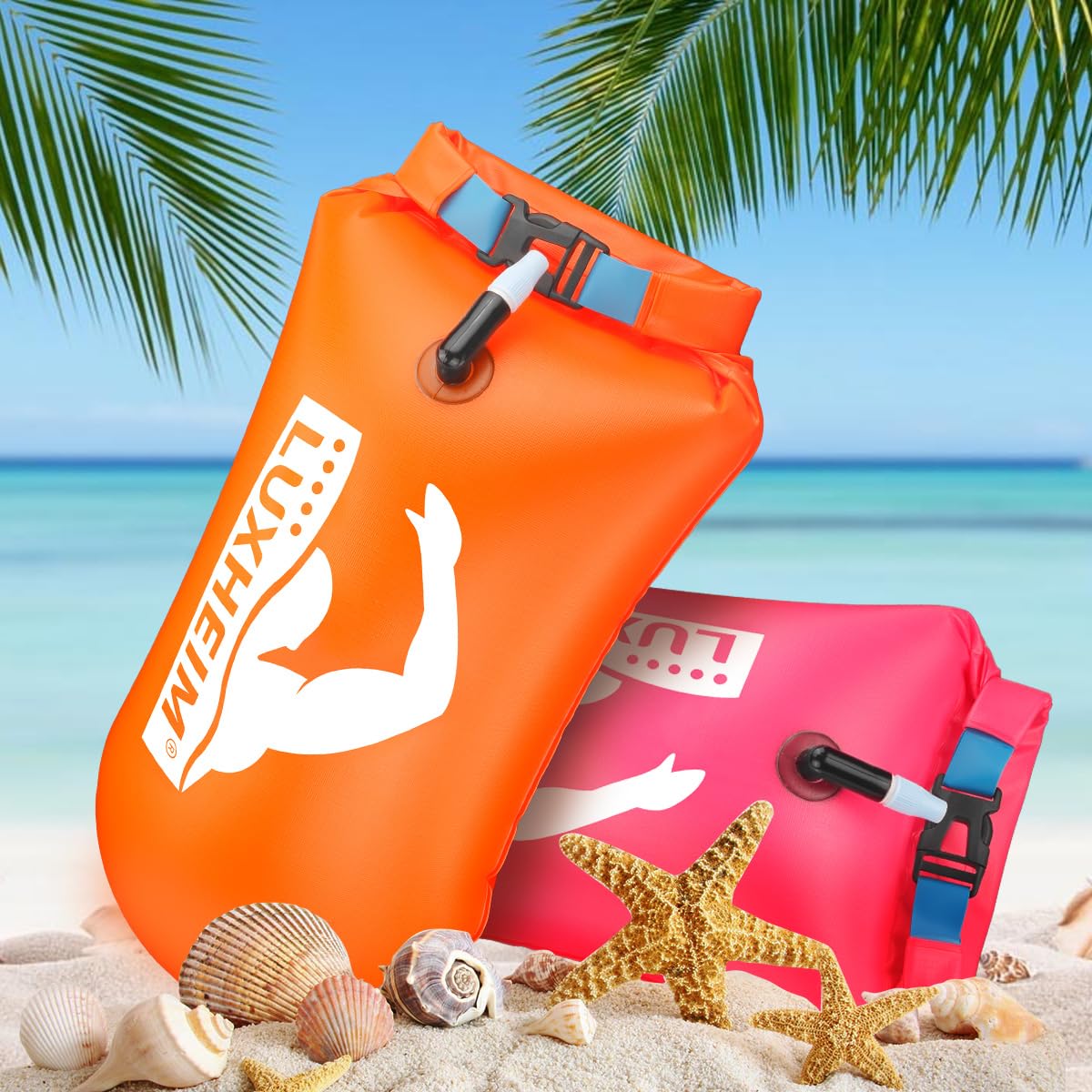 2 Pack Schwimmen Boje Schleppschwimmer für Open Water Schwimmen gut sichtbar Schwimmer Dry Bag wasserdicht aufblasbare PVC Schleppschwimmer für Triathlons