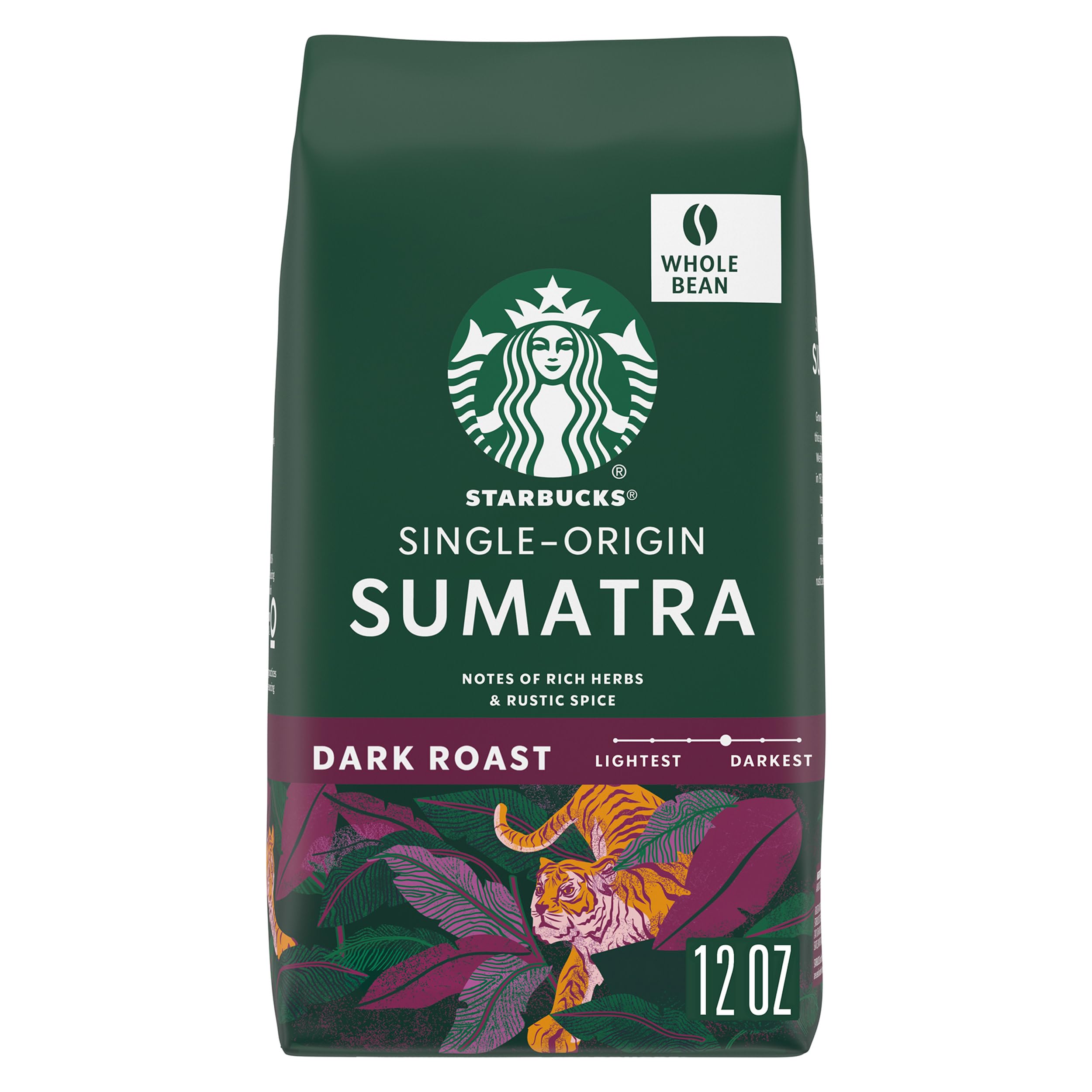 Starbucks Whole Coffee Beans, Dark Roast Hot or Iced Coffee, Single-Origin Sumatra, 12 oz | 100% Arabica whole bean coffee; Dark Roast Single-Origin Sumatra; 1 bag, 12 oz Sumatra 12 Ounce (Pack of 1)