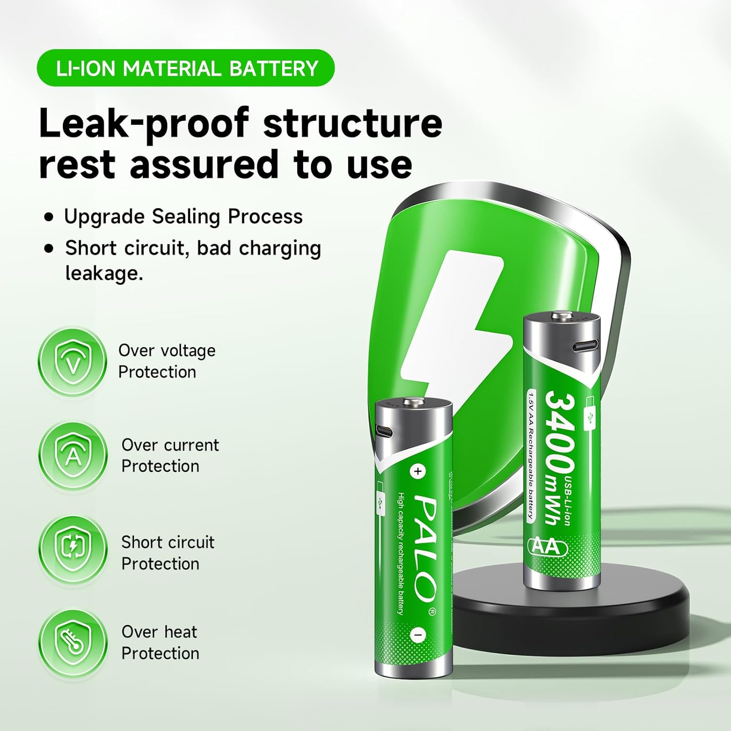 Palogreen AA batteries with icons representing various protections: over voltage, over current, short circuit, and over heat protection.