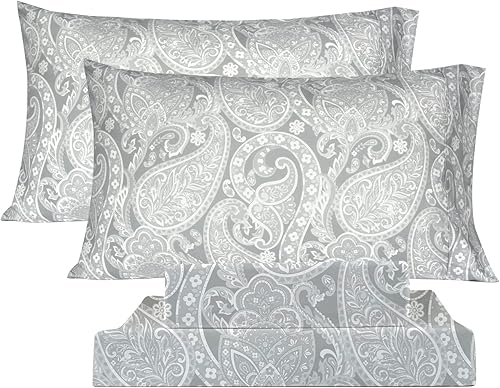 KACEMOO Juego de sábanas de cama tamaño King, color gris claro, estampado floral, con bolsillo profundo, microfibra suave, transpirable, 1800 hilos,