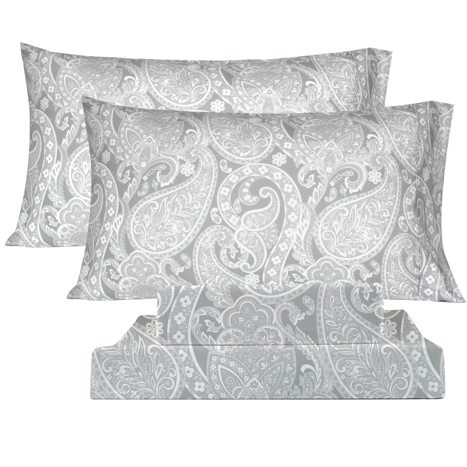 KACEMOO Bed Sheets Queen Size Light Gray Paisley Sheets Printed Floral Sheet Set Flower Pattern Deep Pocket Fitted
