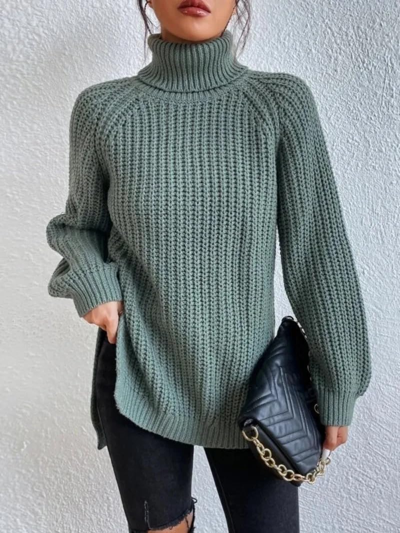 Casual Turtleneck Sweaters Pullover for Autumn/Winter Women' Solid Sleeve Thickened Warm Split s13 Blue L