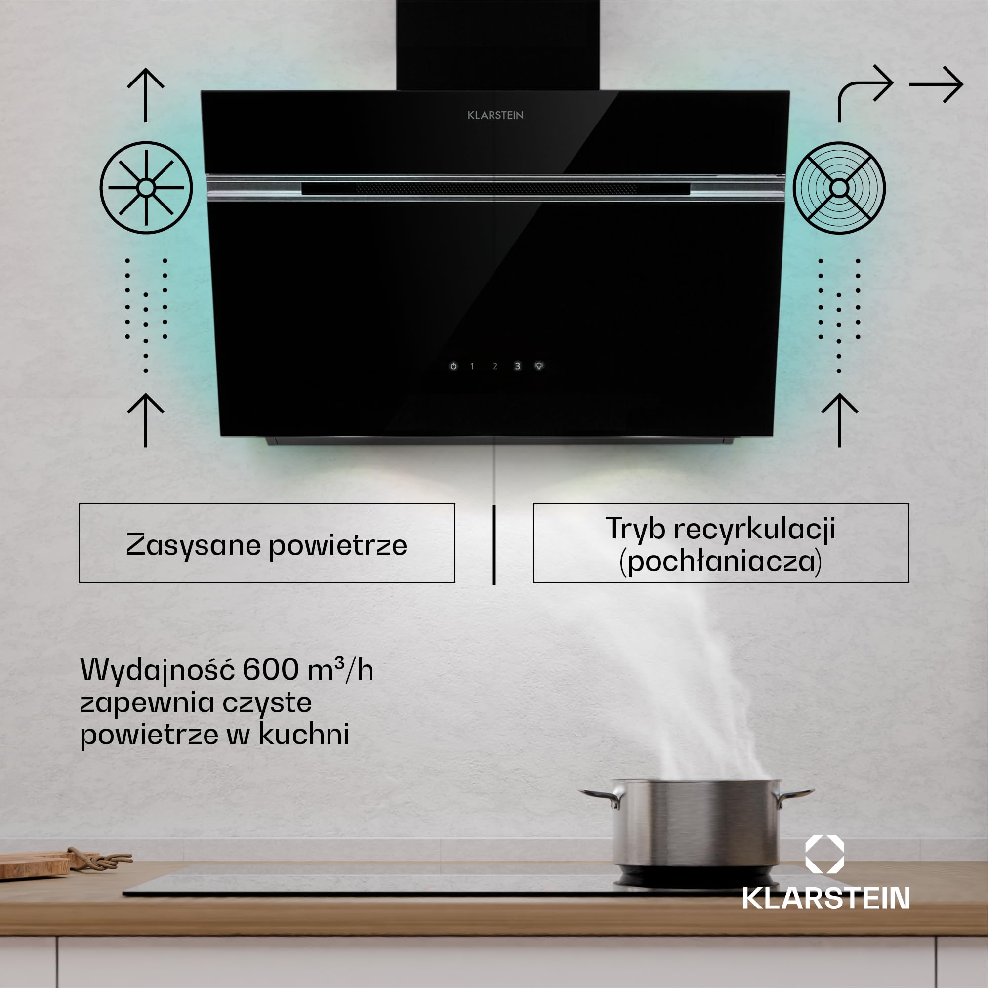 Klarstein Alina Okap kuchenny skośny – 60 cm, przepływ 600 m³/h, panel dotykowy, podświetlenie LED, cichy 68 dB, klasa energetyczna A, czarny, tryb wyciągu i recyrkulacji