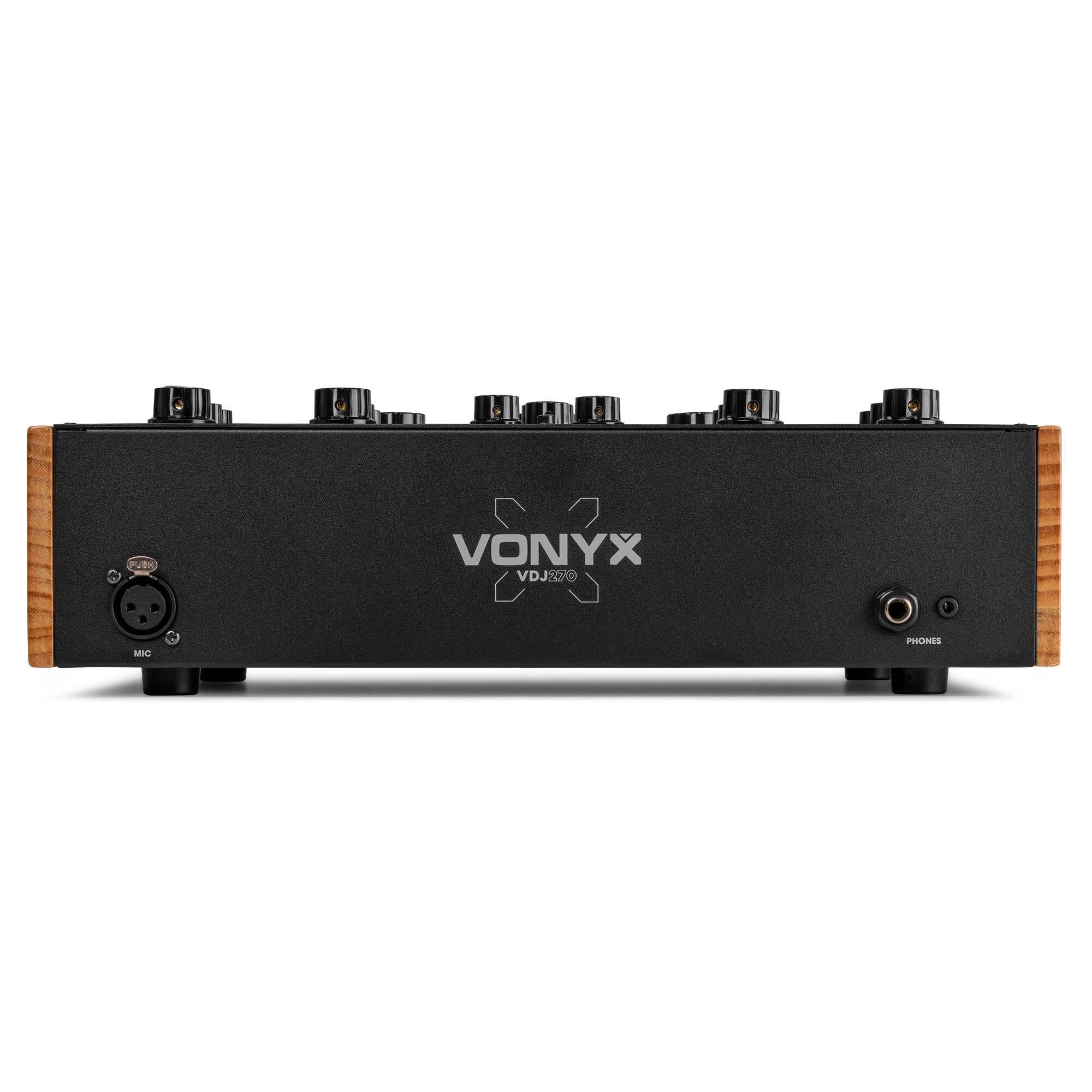 Vonyx VDJ270 DJ mixer a 4 canali – analogico Rotary Audio Mixer con 2 bande EQ & XLR – Retro DJ mixer nero effetto legno – Sound Mixer per vinile & Club – Include Booth Output & Mic Input