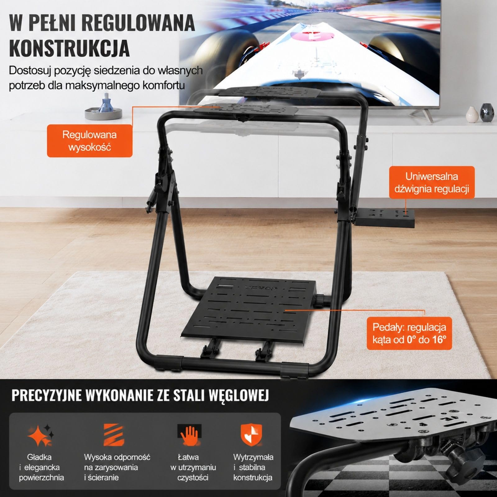 Stojak pod kierownicę do symulatora wyścigowego, regulowany kąt pedałów, rama ze stali węglowej, uchwyt dźwigni zmiany biegów, składana konstrukcja