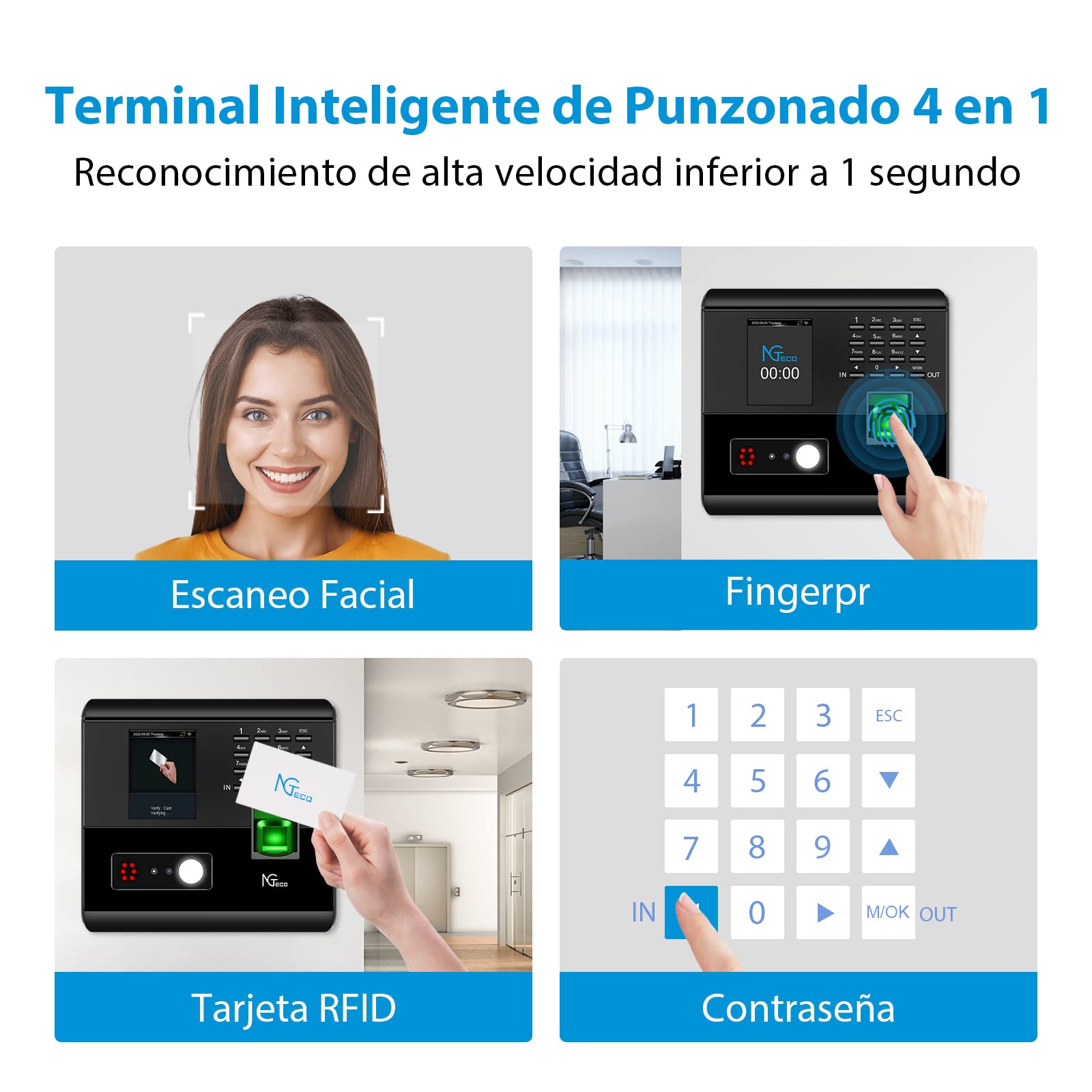 NGTeco WiFi Control Horario Empleados, Maquina fichar empleados español con códigos Facial, de Huella Dactilar, RFID y Pin, máquina de fichar empleados con App biométrica para iOS/Android(MB1)