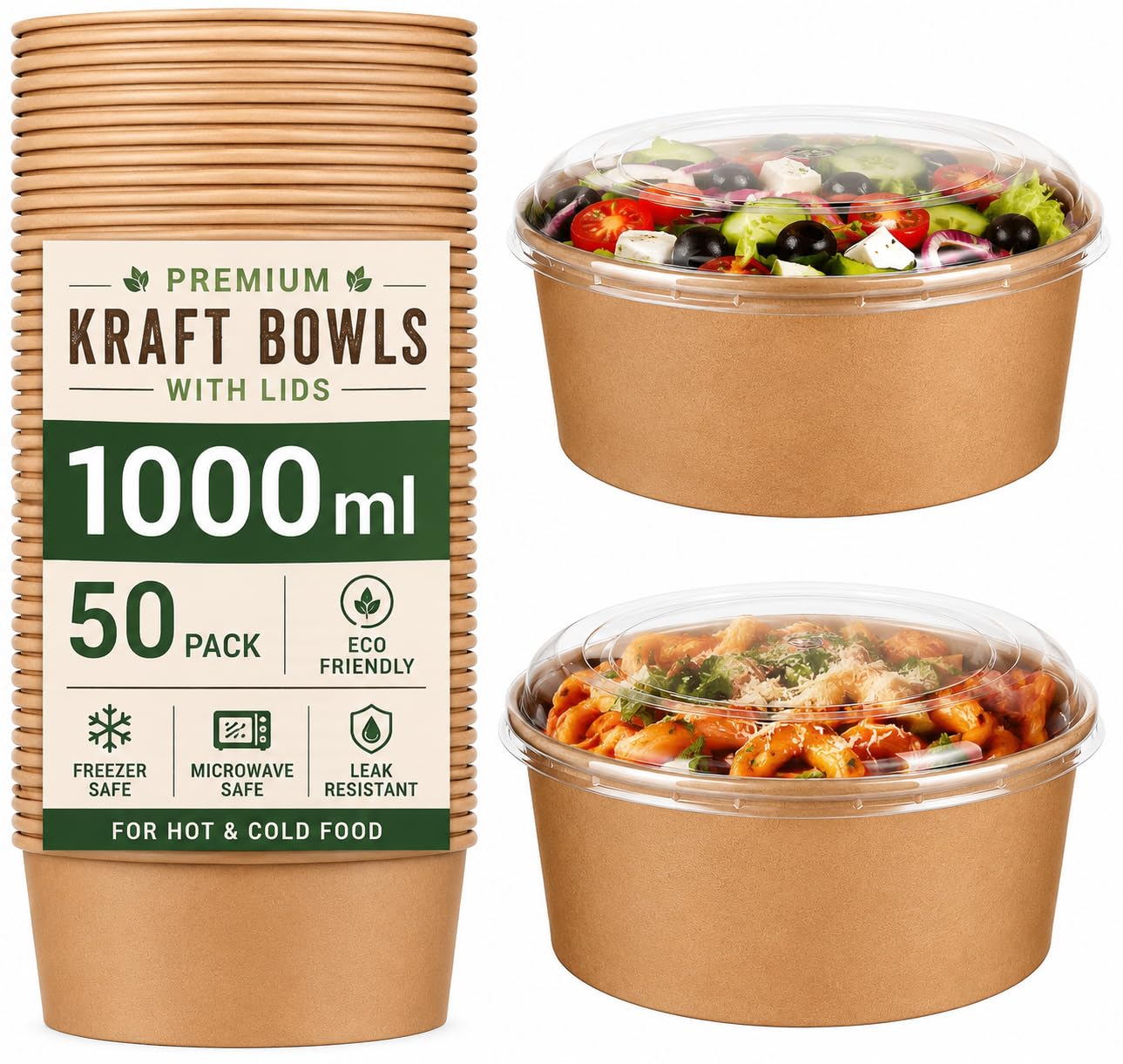 Kraft Salad Paper Bowls with Lids, 50 Pack Disposable Takeaway Food Containers, Leakproof Soup & Salad Bowls for Hot and Cold Food, Eco-Friendly Containers for Restaurants, Cafes & Meal (1000ML)