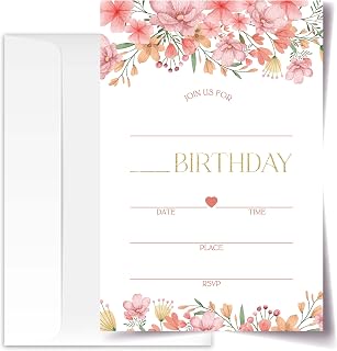 Pink Floral Birthday Invitation Cards with Envelopes Pack of 20 (4"x6"), Party Invitations for Boys, Girls, Kids, Teens, Floral Flower Garden Party Favors Decorations and Supplies. (33)
