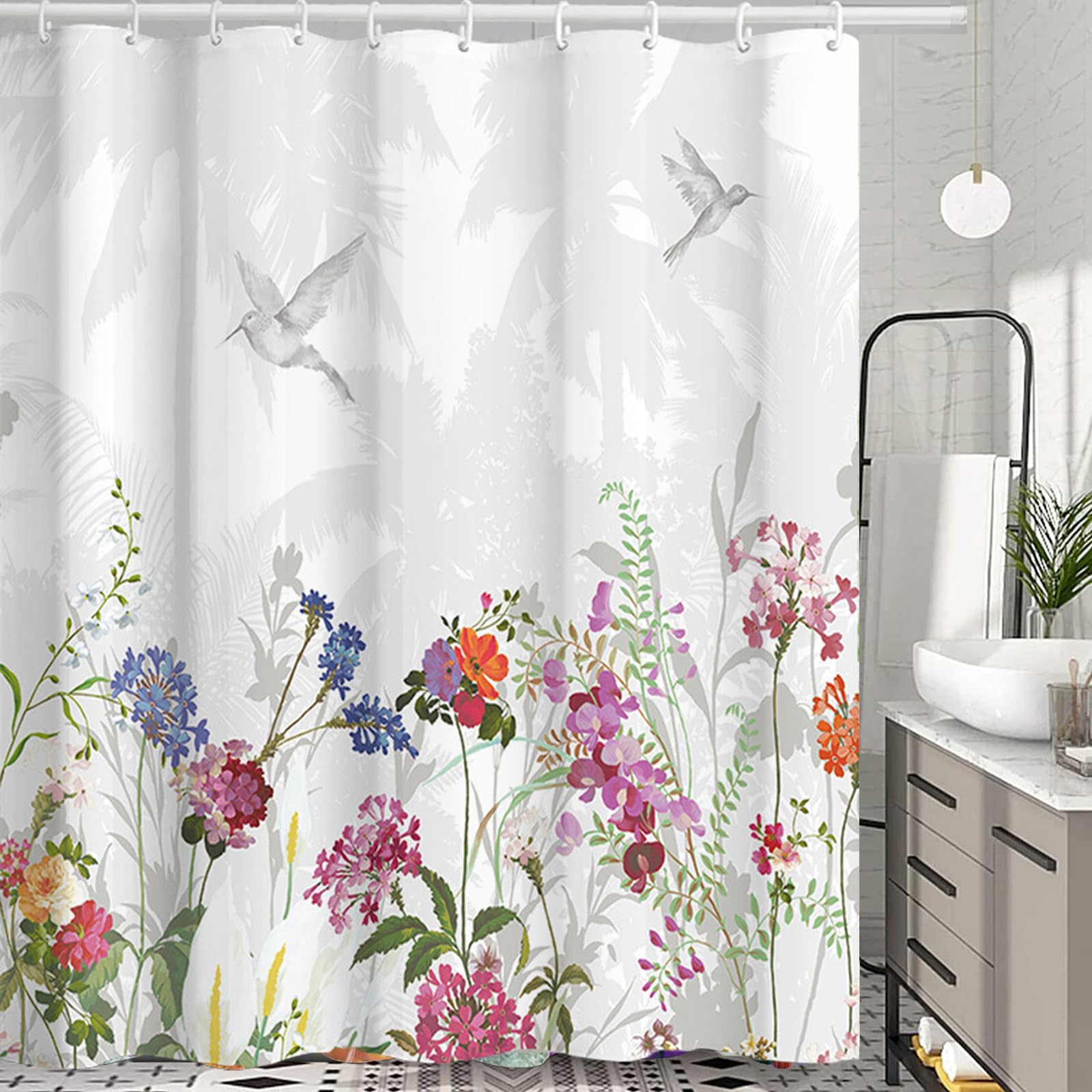 Jemsia Shower Curtain for Bathroom,Floral Bird Print Waterproof Anti Mould Bath Curtain with Weighted Hem,12 Hooks Floral Washable Polyester Shower Curtains for Bathroom Tubs Spa Wet Room - Image 4