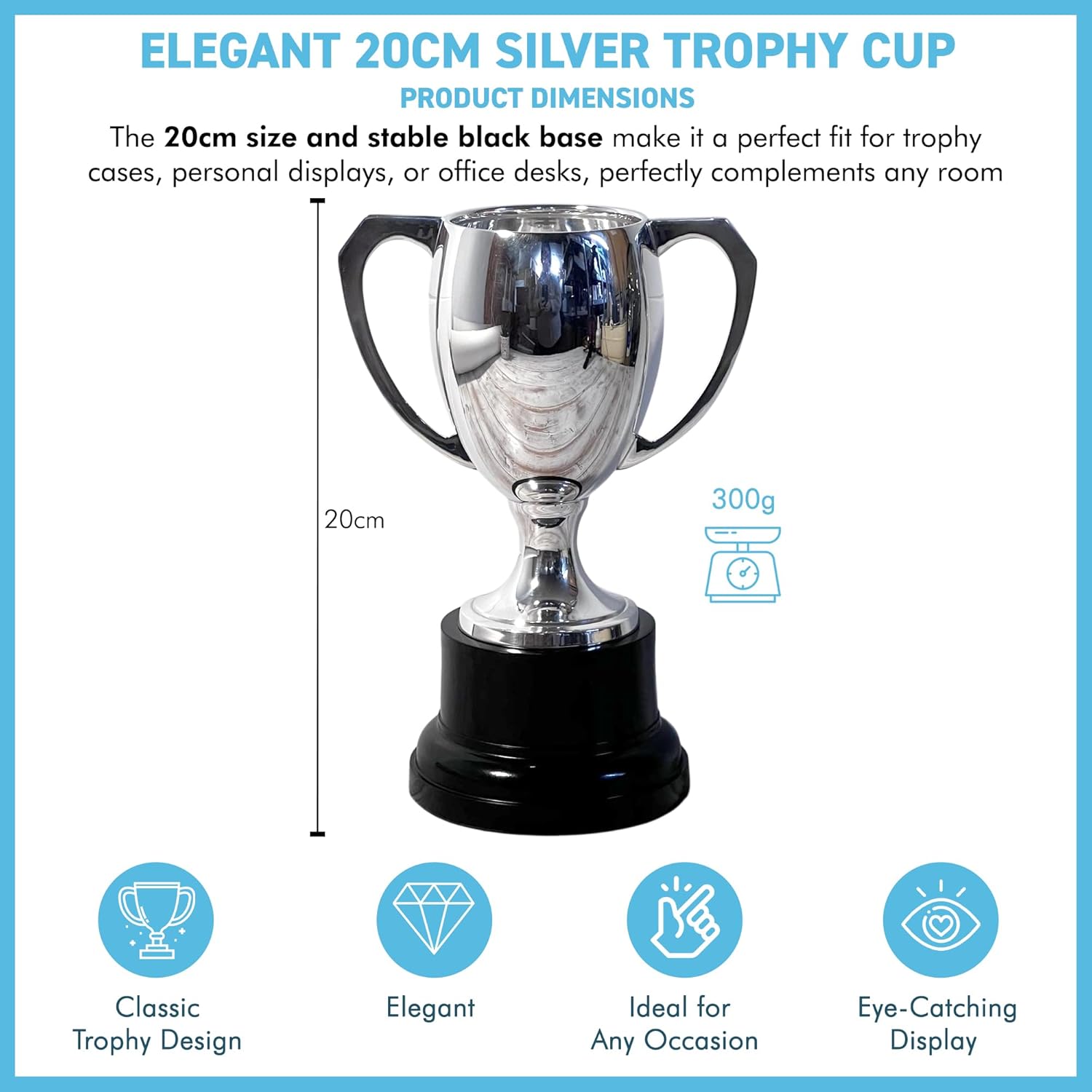 Elegant 20cm Silver Trophy Cup for celebrating achievements, ideal award for sports, competitions & ceremonies