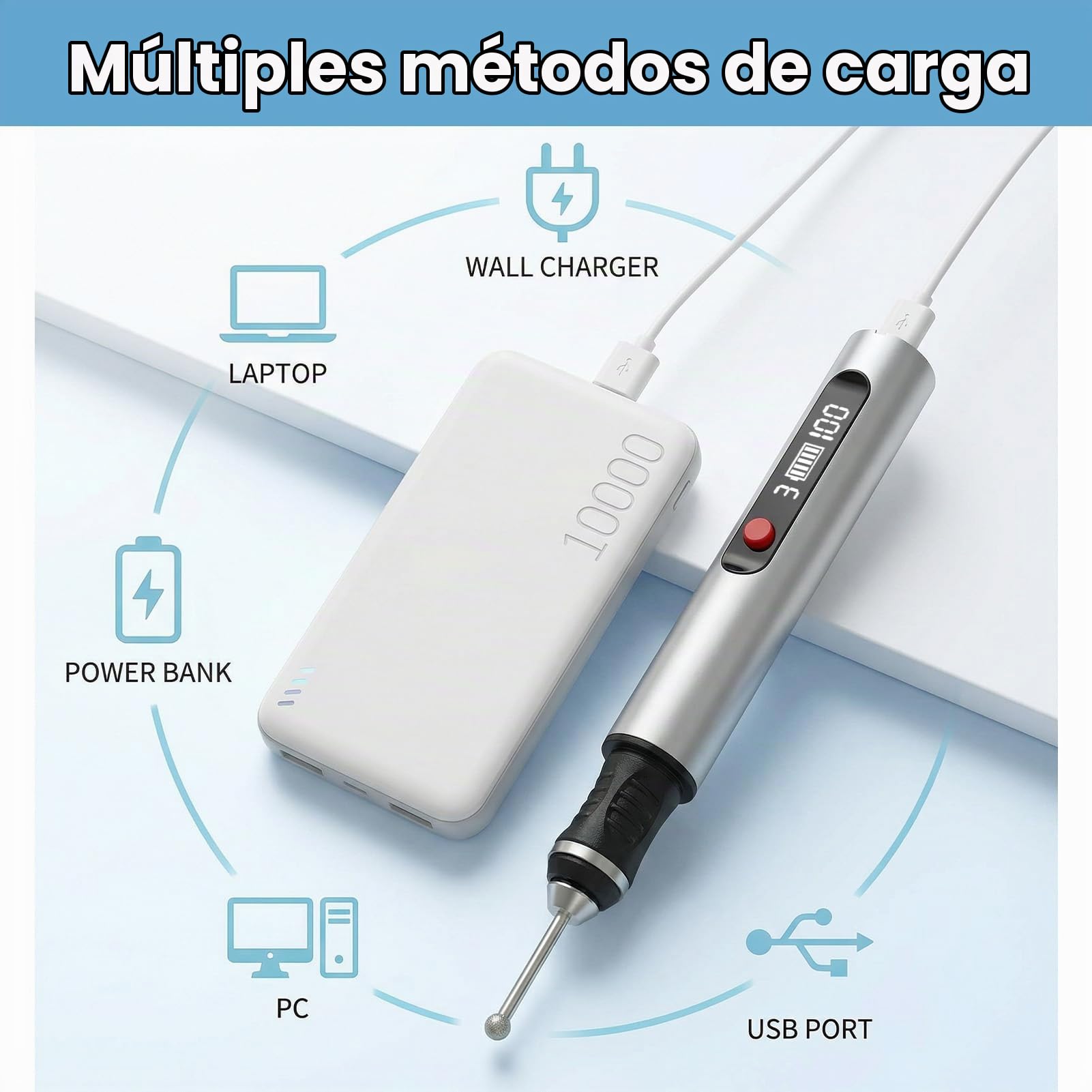 Pino de Grabado Eléctrico con 30 Bits, Mini Bolígrafo Grabador Eléctrico | Regulador de 3 Velocidades Hasta 25.000 U/min, USB Carga, para Joyería, Metal, Madera, Vidrio, Plástico, para Bricolaje