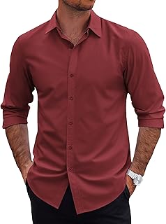 Mens 2-in-1 Dress Shirts Detachable Collar Long Sleeve Wrinkle Free Shirt Business Casual Button Down Shirt