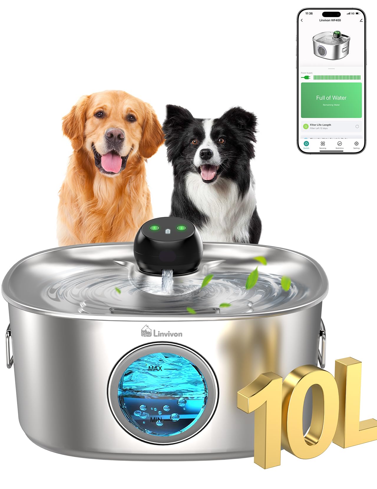 Linvivon Dog Water Bowl Dispenser, 10L/2.64Gal/338 Oz Automatic Dog Water Fountain with APP & 2.4G WiFi, 5-Filtered Stainless Steel Pet Water Fountain Quiet for Large Dogs Inside and Multi-Pet Home