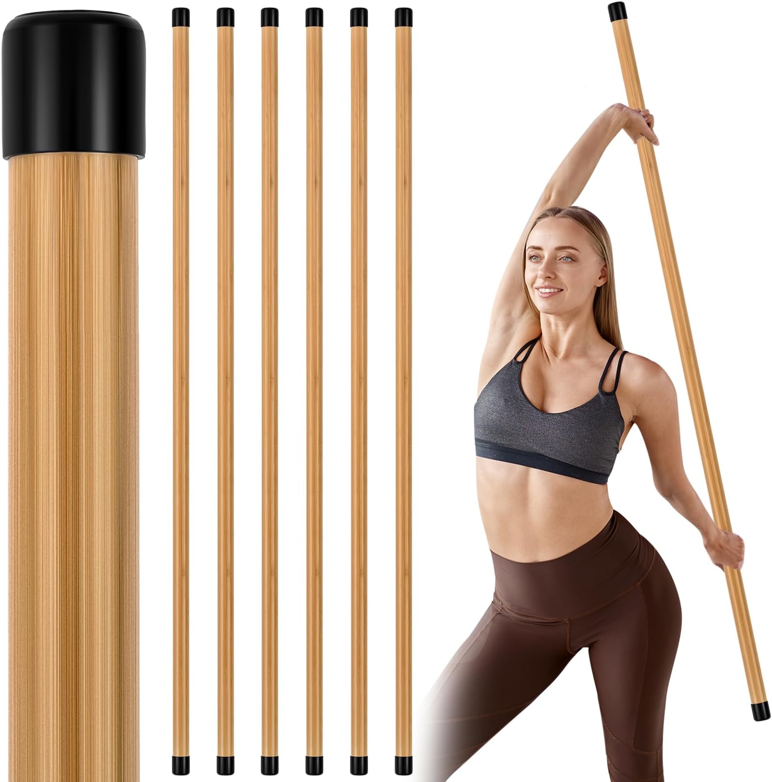 Hiboom 6/9 Pcs 5ft Yoga Stick Natural Bamboo Black Exercise Stick with Non-Slip Rubber Ends Stretching Tool Posture Corrector Stretch Tool for Flexibility, Workout, Balance Fitness(6 Pcs,Bamboo)