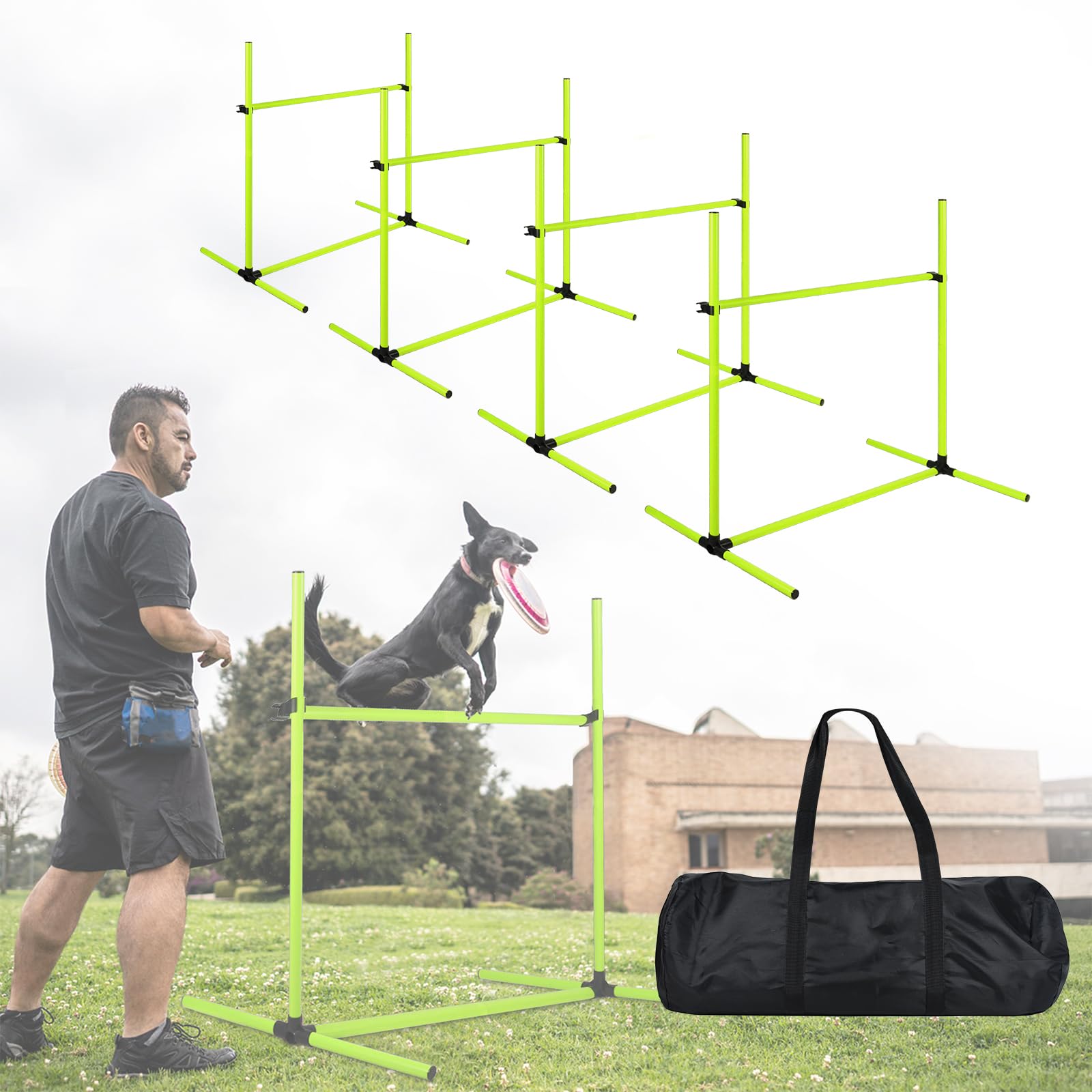 NAIZY 4-er Agility Hürdenset PVC Slalom Haustier höhenverstellbar Trainingsstangen Sprungstangen-Set für Hunde Katzen konditionelles Training Sprungkraft, Beweglichkeit - Grün