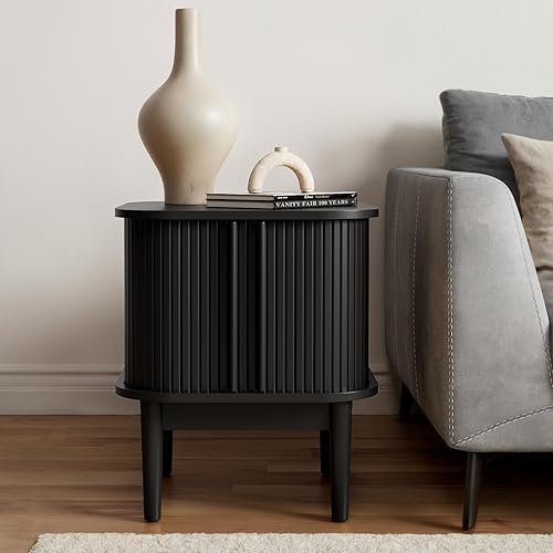 Miniatura 4 de Mesita de noche acanalada con puertas correderas, moderna mesita de noche con patas de madera maciza, mesita de noche de madera para dormitorio