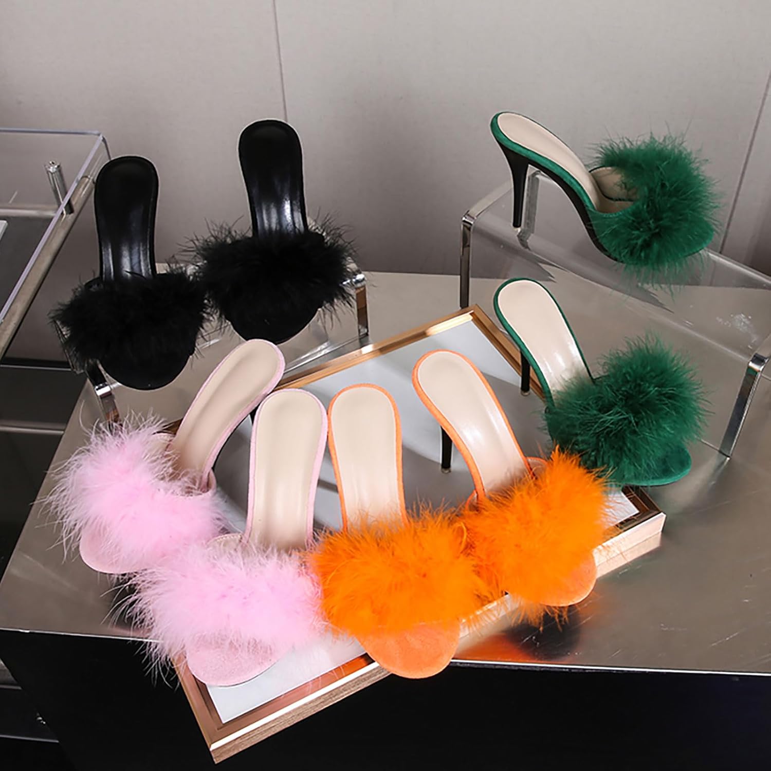 Women's Feather Stiletto Prom Sandals Sexy Round Toe Fluffy Fur Feather Super High Heels Slip On Party Mules Fluff Slides For Evening Wedding Dress - Image 2