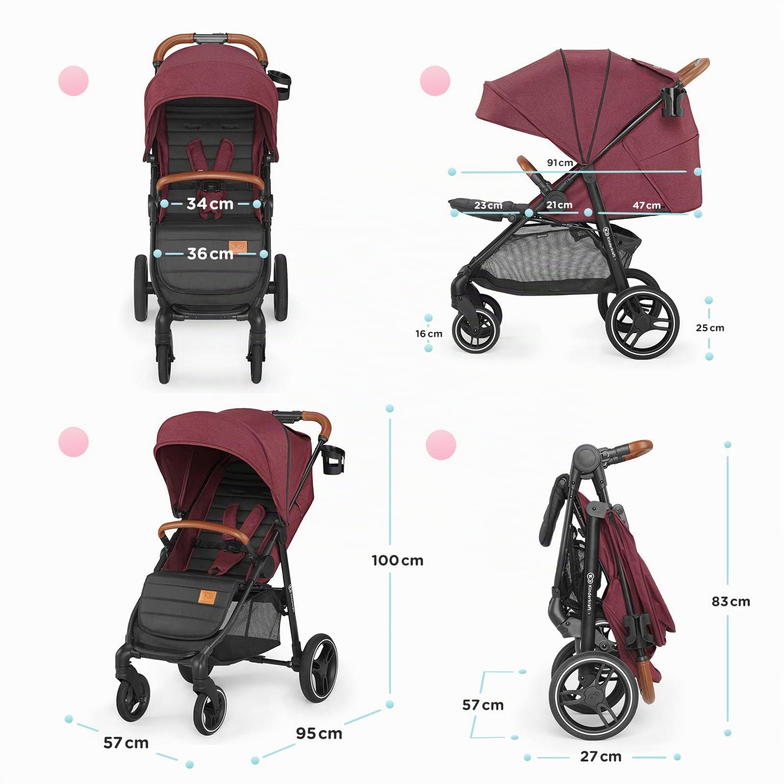 kk Kinderkraft Silla de Paseo GRANDE LX, Impermeable, Plegable, Hasta 3 Años, Burdeos