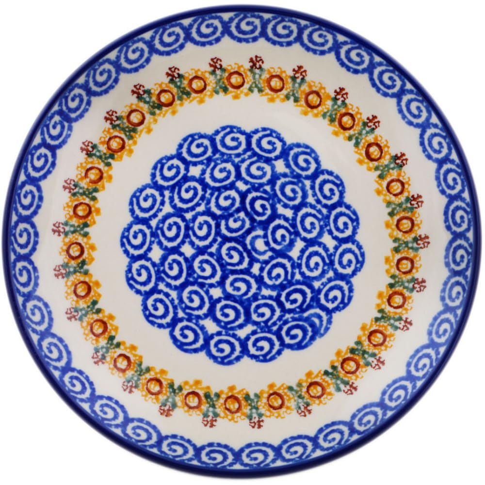 Authentic Polish Pottery Dessert Plate in Rustic Sunflower Chain Design Handmade in Boles?awiec Poland by Ceramika Artystyczna + Certificate of Authenticity