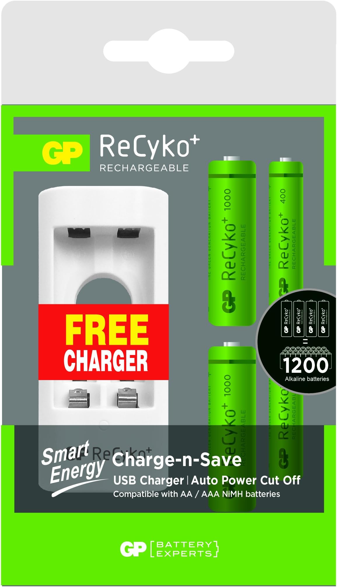 Gpbattery Recyko+ Value Pack USB Charger with 2 x AA and 2 x AAA Batteries