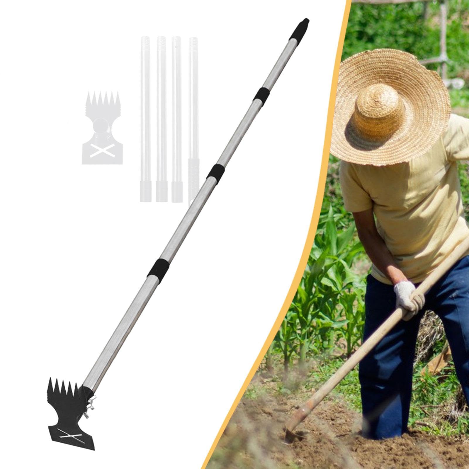 Unkrautstecher Gartenhacke mit langem Stiel, 2-in-1-Handrechen und Unkrautentferner für Landwirtschaft, Garten, Rasen und Einfahrt, 4-teiliger Griff