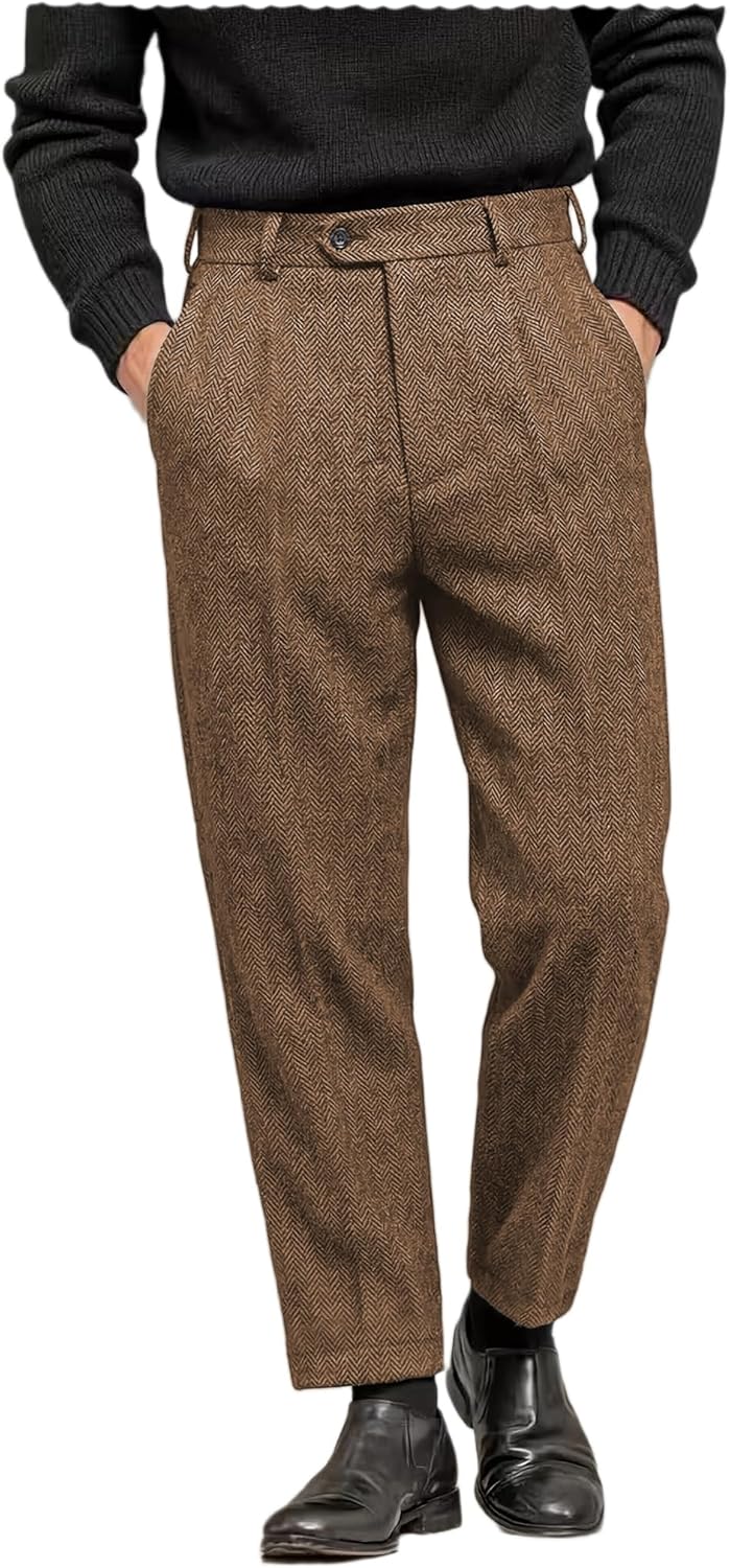 Men's Tweed Pants Herringbone Thick Wool Pleated Front Dress Suit Vintage Trousers
