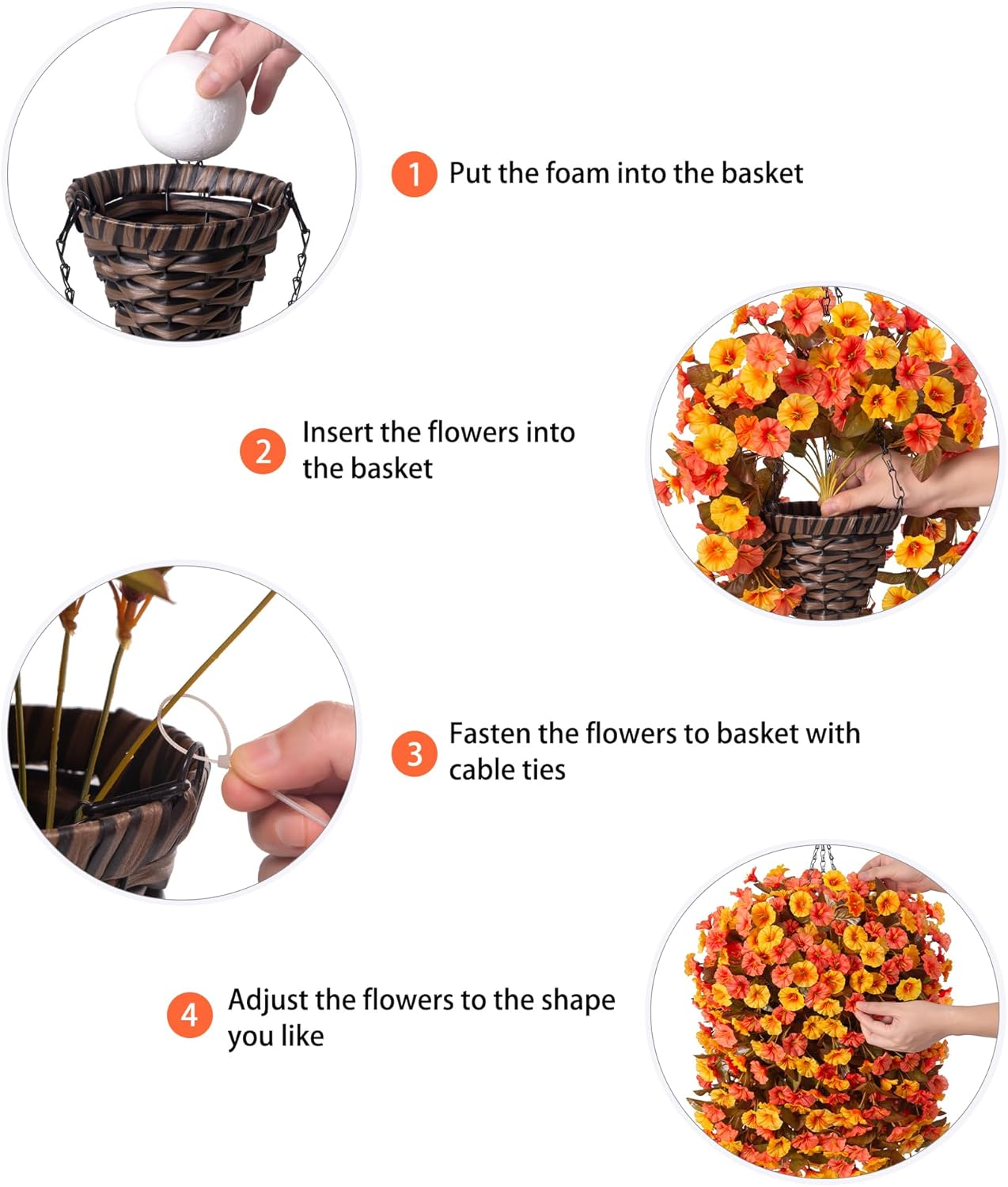 Artificial Fall Fake Hanging Flowers Plants Basket for Outdoor Autumn Decoration, Faux Silk Morning Glory Long Stems Vines Realistic UV Resistant for Outside Home Porch Garden (Fall Orange+Yellow) - Image 5