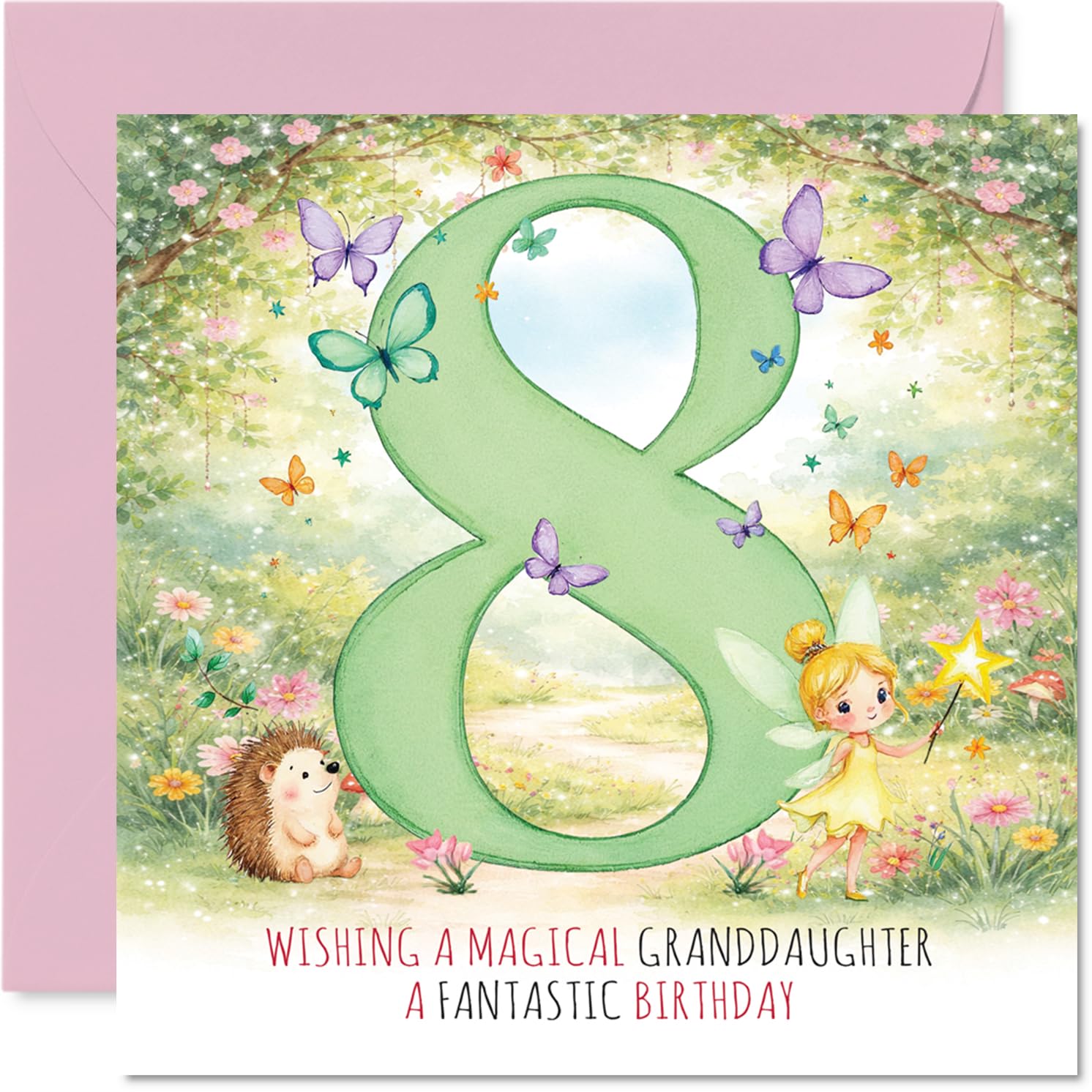 Cute 8th Birthday Card for Granddaughter - Sprinkle Her Day with Magic - Whimsical Fairy, Hedgehog and Butterflies Surround a Pastel 8-145mm Square, Envelope Included